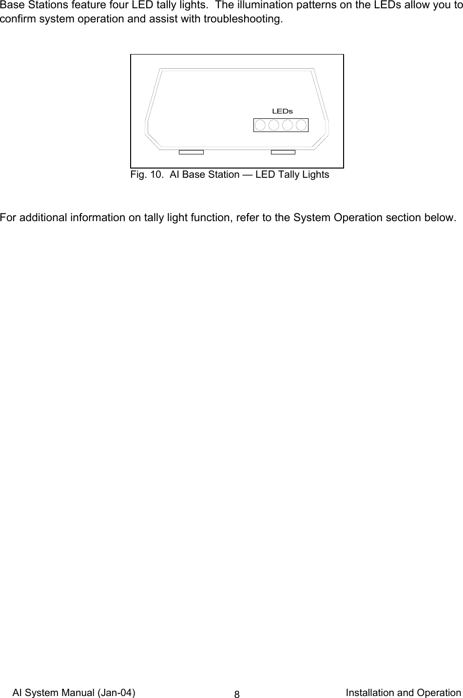 AI System Manual (Jan-04)                                                                           Installation and Operation 8Base Stations feature four LED tally lights.  The illumination patterns on the LEDs allow you to confirm system operation and assist with troubleshooting.              For additional information on tally light function, refer to the System Operation section below.  LEDs Fig. 10.  AI Base Station — LED Tally Lights