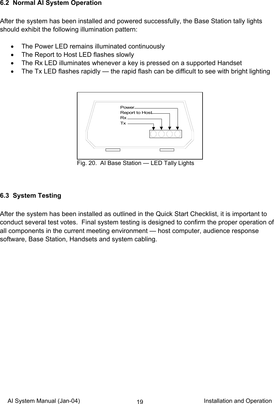 AI System Manual (Jan-04)                                                                           Installation and Operation 196.2  Normal AI System Operation  After the system has been installed and powered successfully, the Base Station tally lights should exhibit the following illumination pattern:  •  The Power LED remains illuminated continuously •  The Report to Host LED flashes slowly •  The Rx LED illuminates whenever a key is pressed on a supported Handset •  The Tx LED flashes rapidly — the rapid flash can be difficult to see with bright lighting              6.3  System Testing  After the system has been installed as outlined in the Quick Start Checklist, it is important to conduct several test votes.  Final system testing is designed to confirm the proper operation of all components in the current meeting environment — host computer, audience response software, Base Station, Handsets and system cabling.   PowerReport to HostRxTx Fig. 20.  AI Base Station — LED Tally Lights