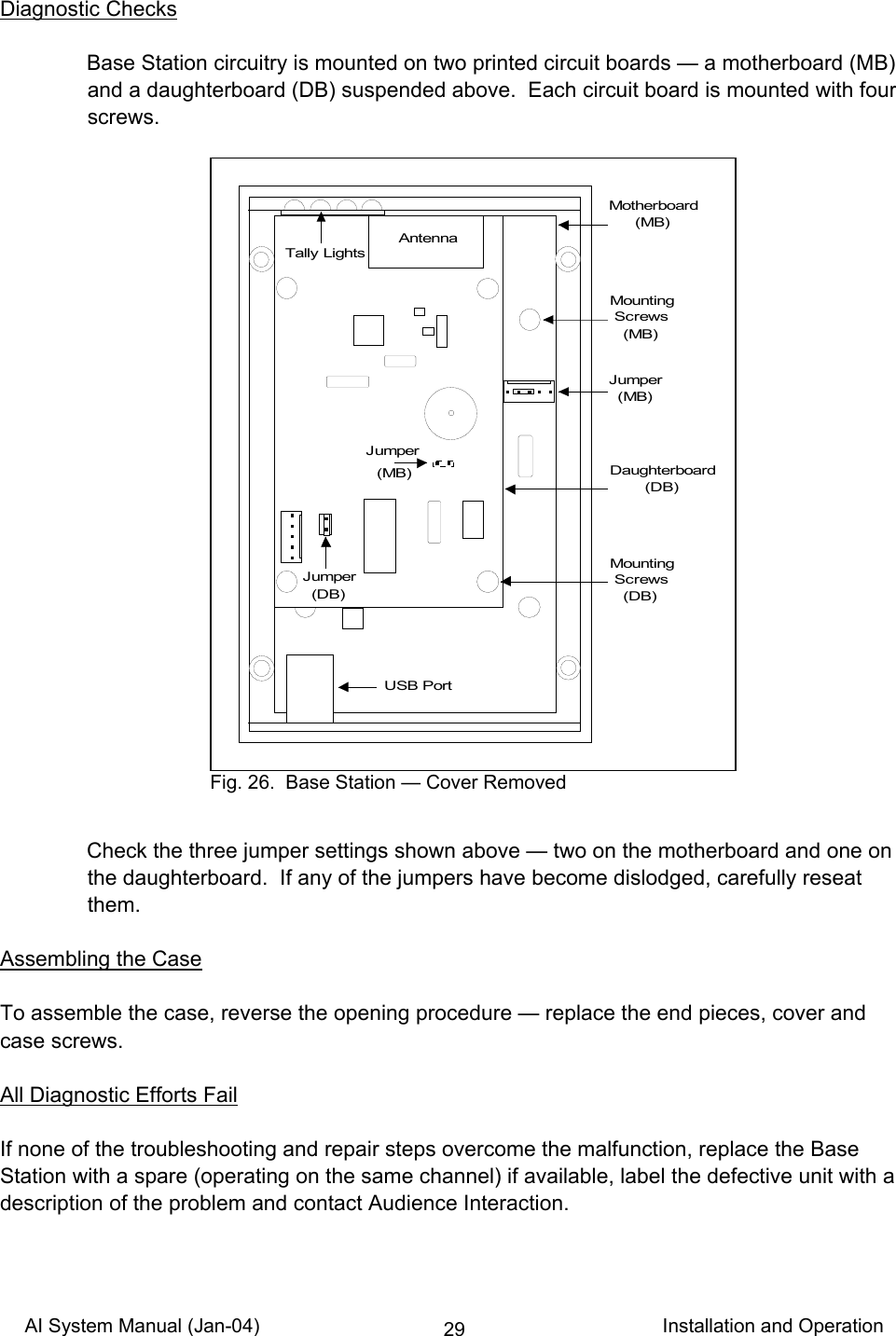 AI System Manual (Jan-04)                                                                           Installation and Operation 29Diagnostic Checks      Base Station circuitry is mounted on two printed circuit boards — a motherboard (MB) and a daughterboard (DB) suspended above.  Each circuit board is mounted with four screws.                               Check the three jumper settings shown above — two on the motherboard and one on the daughterboard.  If any of the jumpers have become dislodged, carefully reseat them.  Assembling the Case  To assemble the case, reverse the opening procedure — replace the end pieces, cover and case screws.  All Diagnostic Efforts Fail  If none of the troubleshooting and repair steps overcome the malfunction, replace the Base Station with a spare (operating on the same channel) if available, label the defective unit with a description of the problem and contact Audience Interaction.  Jumper  (MB)Jumper  (DB)JumperMotherboard      (MB)Daughterboard        (DB)(MB)Mounting Screws   (MB)Mounting Screws   (DB)Tally LightsAntennaUSB Port Fig. 26.  Base Station — Cover Removed