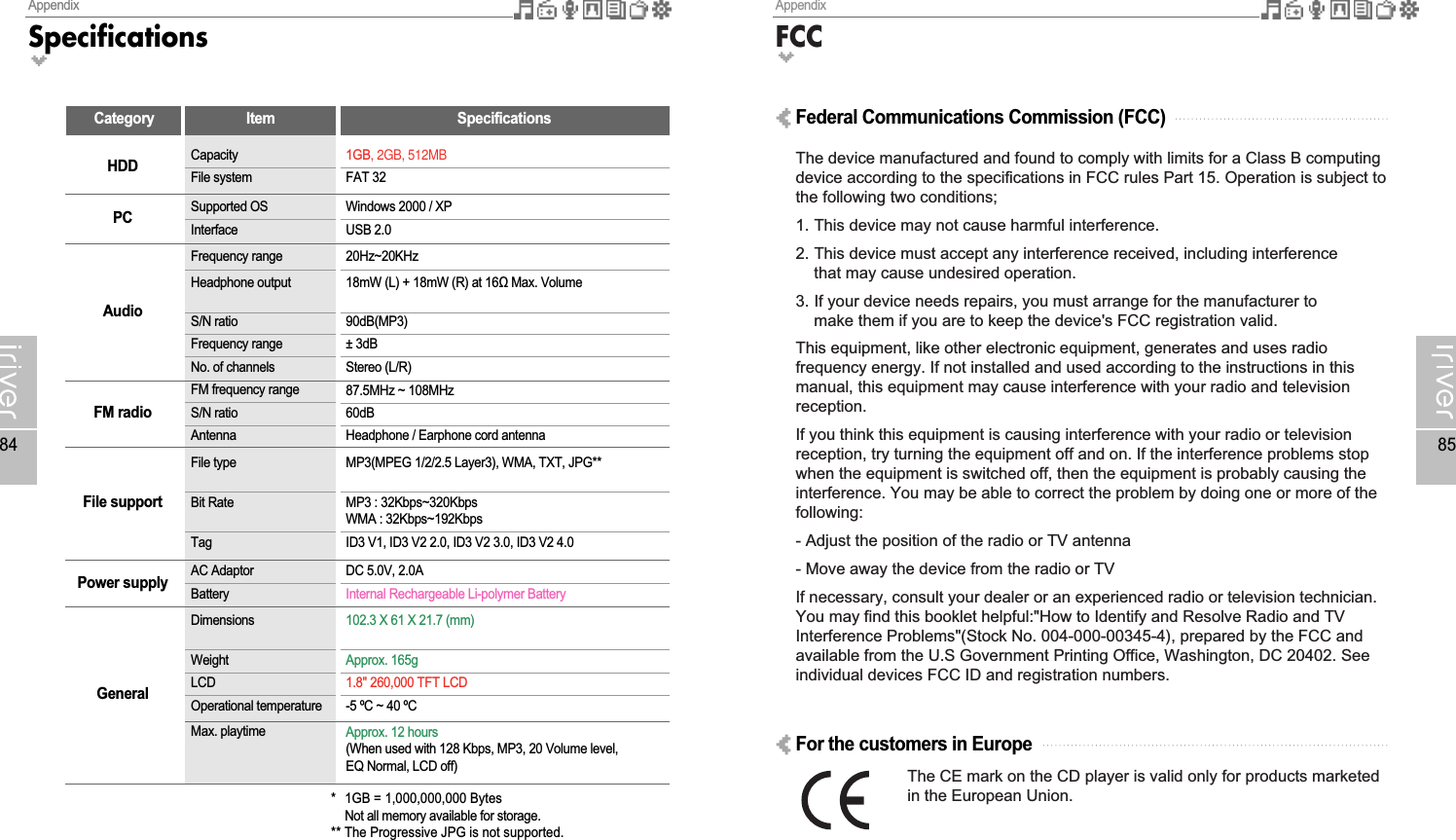 AppendixFCCThe device manufactured and found to comply with limits for a Class B computingdevice according to the specifications in FCC rules Part 15. Operation is subject tothe following two conditions;1. This device may not cause harmful interference.2. This device must accept any interference received, including interferencethat may cause undesired operation.3. If your device needs repairs, you must arrange for the manufacturer to make them if you are to keep the device&apos;s FCC registration valid.This equipment, like other electronic equipment, generates and uses radiofrequency energy. If not installed and used according to the instructions in thismanual, this equipment may cause interference with your radio and televisionreception.If you think this equipment is causing interference with your radio or televisionreception, try turning the equipment off and on. If the interference problems stopwhen the equipment is switched off, then the equipment is probably causing theinterference. You may be able to correct the problem by doing one or more of thefollowing:- Adjust the position of the radio or TV antenna- Move away the device from the radio or TVIf necessary, consult your dealer or an experienced radio or television technician.You may find this booklet helpful:&quot;How to Identify and Resolve Radio and TVInterference Problems&quot;(Stock No. 004-000-00345-4), prepared by the FCC andavailable from the U.S Government Printing Office, Washington, DC 20402. Seeindividual devices FCC ID and registration numbers.The CE mark on the CD player is valid only for products marketedin the European Union.85AppendixSpecifications84Category ItemHDD CapacityFile system1GB, 2GB, 512MBFAT 32PC Supported OSInterfaceWindows 2000 / XPUSB 2.0Power supply AC AdaptorBatteryDC 5.0V, 2.0AInternal Rechargeable Li-polymer BatteryGeneralDimensionsWeightLCDOperational temperature102.3 X 61 X 21.7 (mm)Approx. 165g1.8&quot; 260,000 TFT LCD-5 ºC ~ 40 ºCMax. playtime Approx. 12 hours(When used with 128 Kbps, MP3, 20 Volume level, EQ Normal, LCD off)AudioFrequency rangeHeadphone outputS/N ratioFrequency rangeNo. of channels20Hz~20KHz18mW (L) + 18mW (R) at 16Ω Max. Volume90dB(MP3)± 3dBStereo (L/R)FM radioFM frequency rangeS/N ratioAntenna87.5MHz ~ 108MHz60dBHeadphone / Earphone cord antennaFile supportFile typeBit RateTagMP3(MPEG 1/2/2.5 Layer3), WMA, TXT, JPG**MP3 : 32Kbps~320KbpsWMA : 32Kbps~192KbpsID3 V1, ID3 V2 2.0, ID3 V2 3.0, ID3 V2 4.0SpecificationsFederal Communications Commission (FCC)For the customers in Europe* 1GB = 1,000,000,000 BytesNot all memory available for storage.** The Progressive JPG is not supported.
