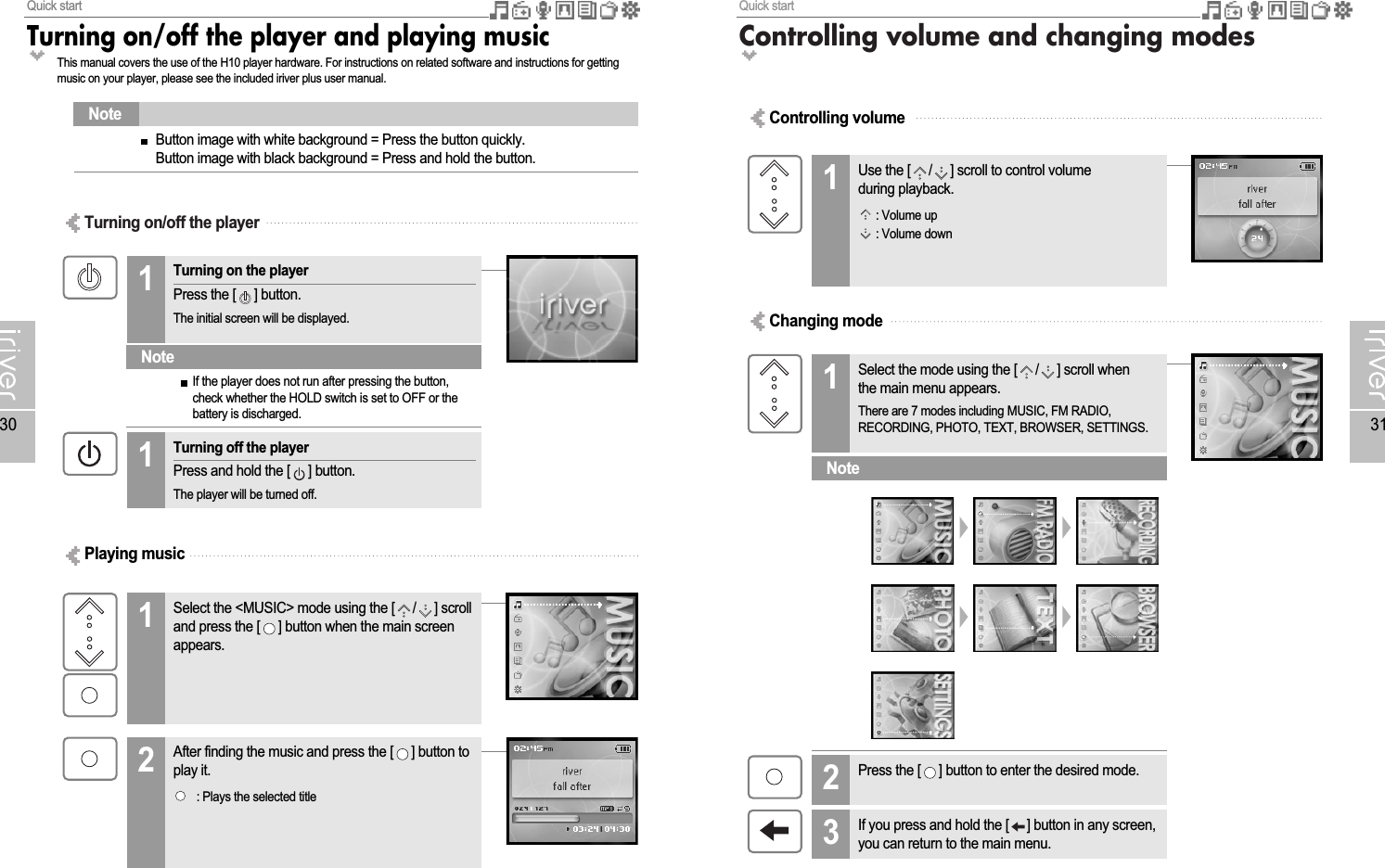 Quick startControlling volume and changing modes31Quick startTurning on/off the player and playing music30Turning on/off the playerTurning on the playerPress the [ ] button.The initial screen will be displayed.1Changing modeTurning off the playerPress and hold the [ ] button.The player will be turned off.1If the player does not run after pressing the button,check whether the HOLD switch is set to OFF or thebattery is discharged.NoteNoteControlling volumeUse the [ / ] scroll to control volumeduring playback.: Volume up: Volume down1After finding the music and press the [ ] button toplay it.: Plays the selected title2Playing musicSelect the &lt;MUSIC&gt; mode using the [ / ] scrolland press the [ ] button when the main screenappears.1Select the mode using the [ / ] scroll whenthe main menu appears.There are 7 modes including MUSIC, FM RADIO,RECORDING, PHOTO, TEXT, BROWSER, SETTINGS.1Press the [ ] button to enter the desired mode.2If you press and hold the [ ] button in any screen,you can return to the main menu.3Button image with white background = Press the button quickly.Button image with black background = Press and hold the button.NoteThis manual covers the use of the H10 player hardware. For instructions on related software and instructions for gettingmusic on your player, please see the included iriver plus user manual.