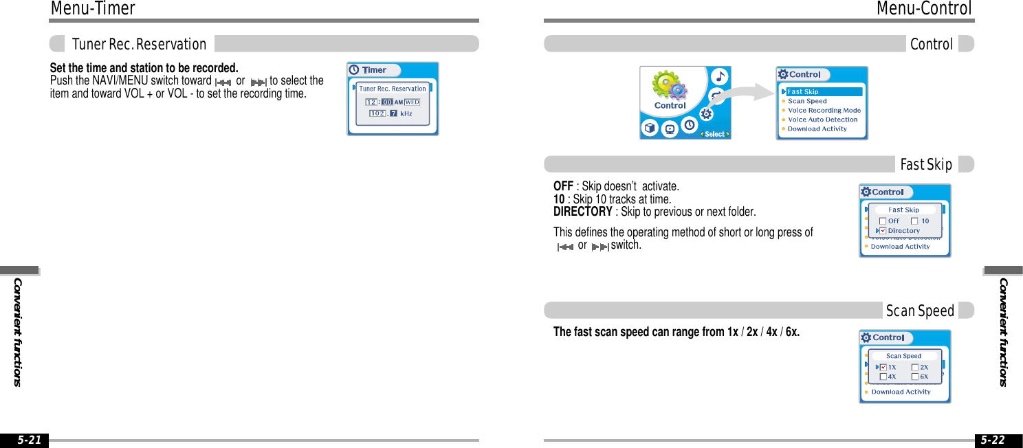 Menu-TimerConvenient functionsTuner Rec. Reservation5-21Convenient functionsMenu-ControlControl5-22The fast scan speed can range from 1x / 2x / 4x / 6x.OFF : Skip doesn’t  activate. 10 : Skip 10 tracks at time. DIRECTORY : Skip to previous or next folder.This defines the operating method of short or long press ofor  switch.Fast SkipScan SpeedSet the time and station to be recorded.Push the NAVI/MENU switch toward  or  to select theitem and toward VOL + or VOL - to set the recording time.