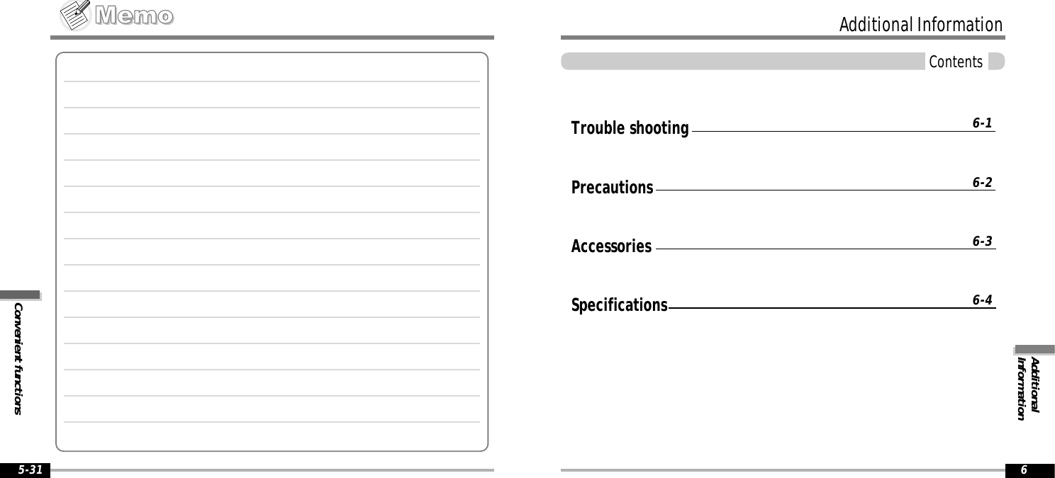 ContentsAdditionalInformation6Convenient functions5-31Trouble shootingPrecautionsAccessoriesSpecifications6-16-26-36-4Additional Information