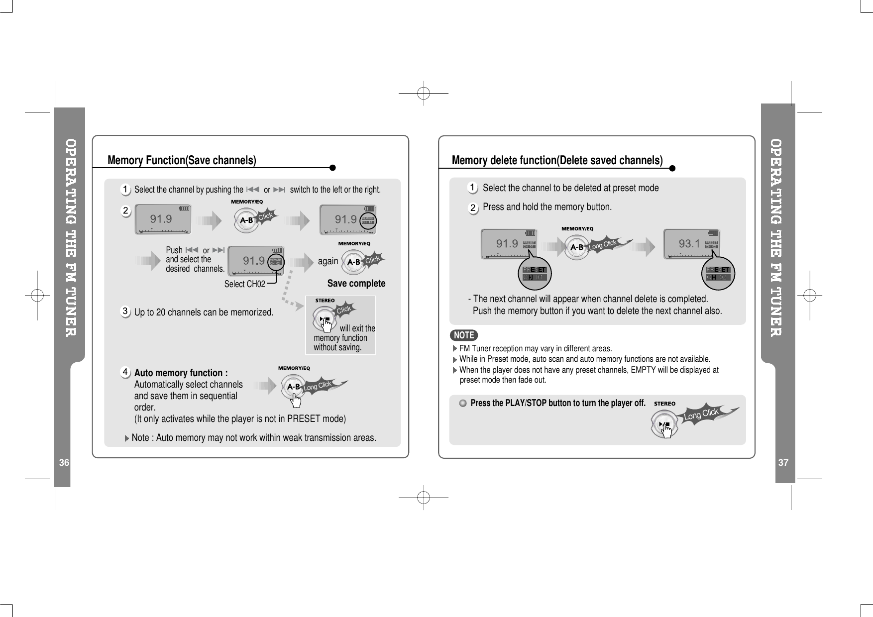 36 37Select the channel by pushing theorswitch to the left or the right.Up to 20 channels can be memorized.Auto memory function :Automatically select channelsand save them in sequentialorder.(It only activates while the player is not in PRESET mode)Note : Auto memory may not work within weak transmission areas.Pushorand select thedesired channels.Select CH02Save completeagainwill exit thememory functionwithout saving.ClickClickLong ClickClickMemory Function(Save channels)Select the channel to be deleted at preset modePress and hold the memory button.- The next channel will appear when channel delete is completed.Push the memory button if you want to delete the next channel also.FM Tuner reception may vary in different areas.While in Preset mode, auto scan and auto memory functions are not available.When the player does not have any preset channels, EMPTY will be displayed atpreset mode then fade out.Press the PLAY/STOP button to turn the player off.Long ClickLong ClickMemory delete function(Delete saved channels)NOTE