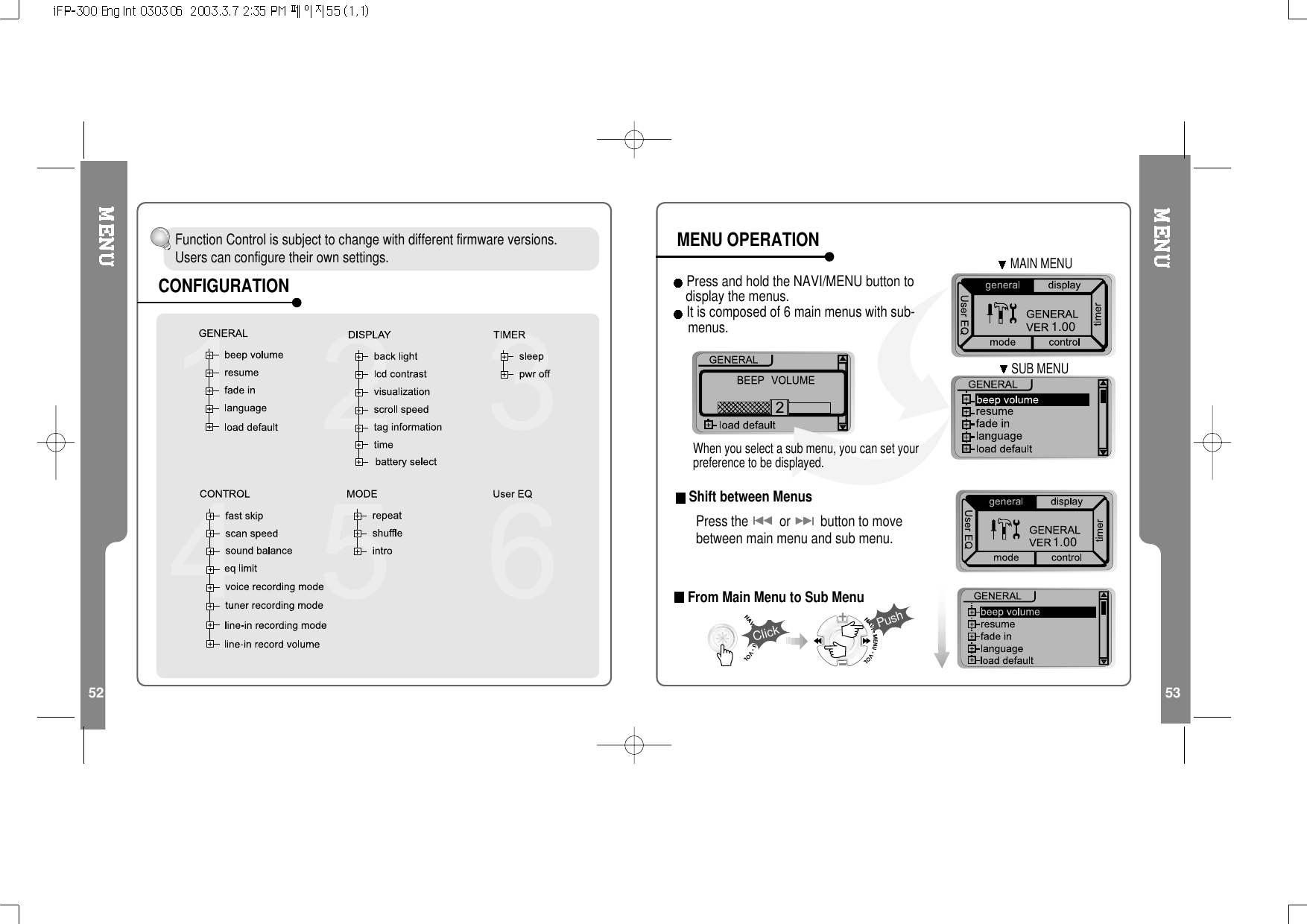 52 53Function Control is subject to change with different firmware versions.Users can configure their own settings.CONFIGURATIONMAIN MENUSUB MENU1.00 2When you select a sub menu, you can set yourpreference to be displayed.Press and hold the NAVI/MENU button todisplay the menus.It is composed of 6 main menus with sub-menus.From Main Menu to Sub MenuShift between Menus1.00Press the or button to movebetween main menu and sub menu.ClickPushMENU OPERATION