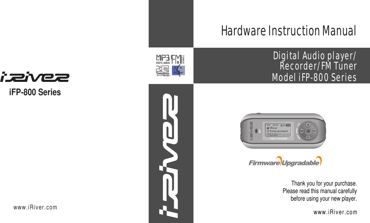 iFP-800 Serieswww.iRiver.comHardwareInstructionManualThank you for your purchase.Please read this manual carefullybefore using your new player.www.iRiver.comDigital Audio player/Recorder/FM TunerModel iFP-800 Series