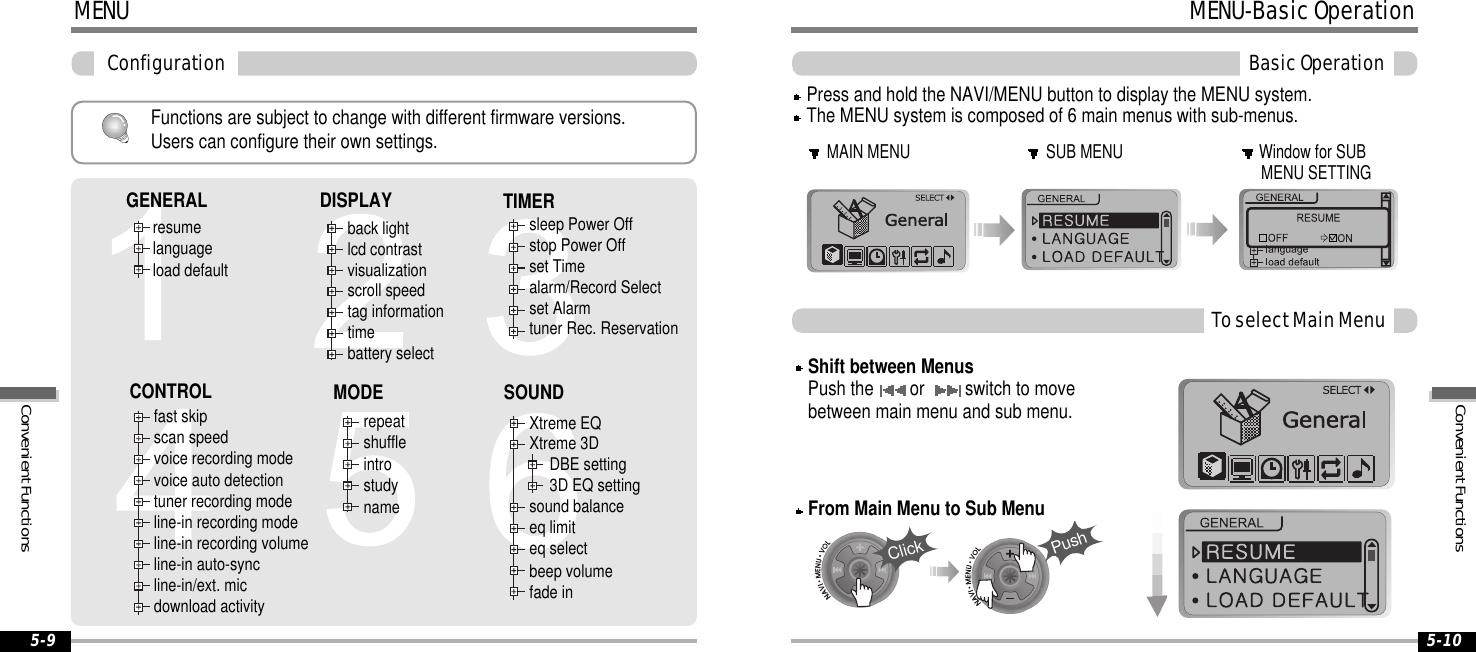 MENUConfiguration5-9Functions are subject to change with different firmware versions.Users can configure their own settings.resumelanguageload defaultback lightlcd contrastvisualizationscroll speedtag informationtimebattery selectsleep Power Offstop Power Offset Timealarm/Record Selectset Alarmtuner Rec. Reservationfast skipscan speedvoice recording modevoice auto detectiontuner recording modeline-in recording modeline-in recording volumeline-in auto-syncline-in/ext. micdownload activityrepeatshuffleintrostudynameXtreme EQXtreme 3DDBE setting3D EQ settingsound balanceeq limiteq selectbeep volumefade inGENERAL DISPLAY TIMERSOUNDCONTROL MODE5-10MENU-BasicOperationBasicOperationMAIN MENU SUB MENU Window for SUBMENU SETTINGPress and hold the NAVI/MENU button to display the MENU system.The MENU system is composed of 6 main menus with sub-menus.ToselectMainMenuFrom Main Menu to Sub MenuShift between MenusPush the or switch to movebetween main menu and sub menu.ClickPushConvenientFunctionsConvenientFunctions