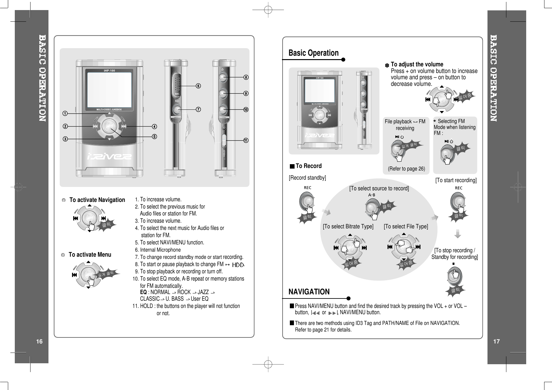 Basic OperationNAVIGATIONTo RecordTo activate Navigation 1.To increase volume.2.To select the previous music forAudio files or station for FM.3.To increase volume.4.To select the next music for Audio files orstation for FM.5.To select NAVI/MENU function.6. Internal Microphone7. To change record standby mode or startrecording.8.To start or pause playback to change FM .9.To stop playback or recording or turn off.10.To select EQ mode, A-B repeat or memory stationsfor FM automatically.EQ : NORMAL ROCK JAZZCLASSIC U. BASS User EQ11. HOLD : the buttons on the player will not functionor not.To activate MenuTo adjust the volumePress + on volume button to increasevolume and press &ndash; on button todecrease volume.(Refer to page 26)Press NAVI/MENU button and find the desired track by pressing the VOL + or VOL &ndash;button, or , NAVI/MENU button.There are two methods using ID3 Tag and PATH/NAME of File on NAVIGATION.Refertopage21fordetails.Selecting FMMode when listeningFM :[Record standby]File playback FMreceiving[To select source to record][To start recording][Tostoprecording/Standby for recording][To select Bitrate Type] [To select File Type]16 17