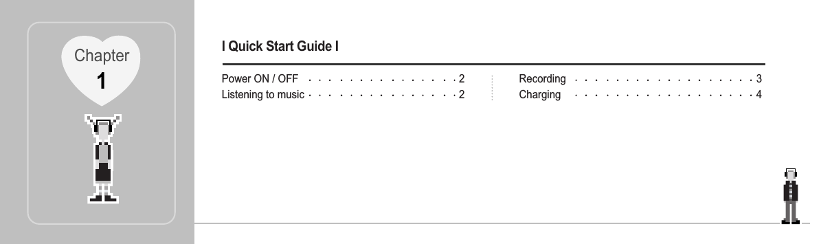 I Quick Start Guide IPower ON / OFF 2Listening to music 2Recording 3Charging 4Chapter1