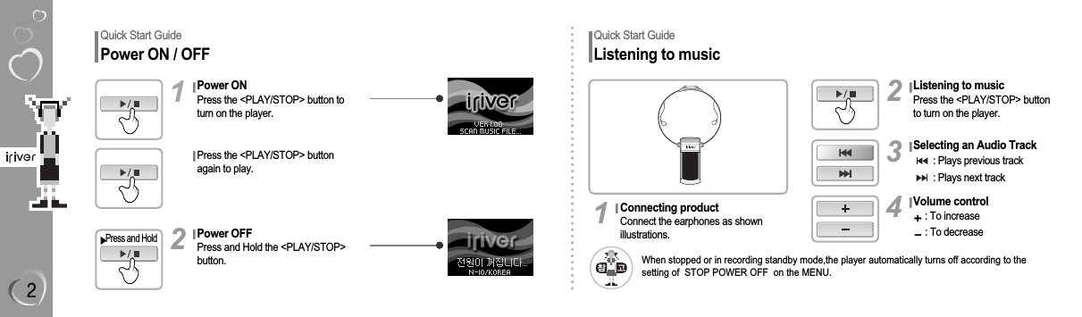 Quick Start GuidePower ON / OFFQuick Start GuideListening to musicPower ONPress the &lt;PLAY/STOP&gt; button toturn on the player.Press and HoldWhen stopped or in recording standby mode,the player automatically turns off according to thesetting of  STOP POWER OFF  on the MENU. 1Selecting an Audio Track: Plays previous track: Plays next track3Volume control: To increase: To decrease4Listening to musicPress the &lt;PLAY/STOP&gt; buttonto turn on the player.2Connecting productConnect the earphones as shownillustrations.1Power OFFPress and Hold the &lt;PLAY/STOP&gt;button.2Press the &lt;PLAY/STOP&gt; buttonagain to play.