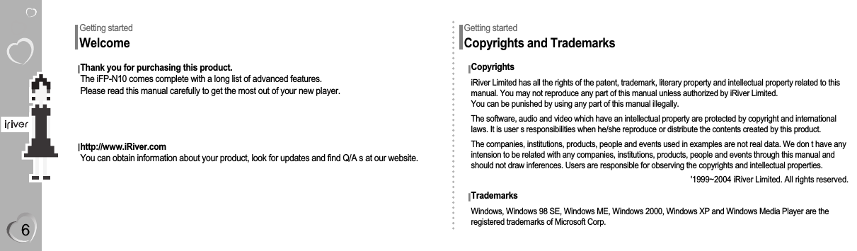 Getting startedWelcomeGetting startedCopyrights and TrademarksThank you for purchasing this product.The iFP-N10 comes complete with a long list of advanced features.Please read this manual carefully to get the most out of your new player.http://www.iRiver.comYou can obtain information about your product, look for updates and find Q/A s at our website.CopyrightsiRiver Limited has all the rights of the patent, trademark, literary property and intellectual property related to thismanual. You may not reproduce any part of this manual unless authorized by iRiver Limited.You can be punished by using any part of this manual illegally.The software, audio and video which have an intellectual property are protected by copyright and internationallaws. It is user s responsibilities when he/she reproduce or distribute the contents created by this product.The companies, institutions, products, people and events used in examples are not real data. We don t have anyintension to be related with any companies, institutions, products, people and events through this manual andshould not draw inferences. Users are responsible for observing the copyrights and intellectual properties. &apos;1999~2004 iRiver Limited. All rights reserved.TrademarksWindows, Windows 98 SE, Windows ME, Windows 2000, Windows XP and Windows Media Player are theregistered trademarks of Microsoft Corp.