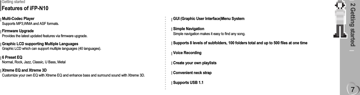 2 Getting startedGetting startedFeatures of iFP-N10Multi-Codec PlayerSupports MP3,WMA and ASF formats.Firmware UpgradeProvides the latest updated features via firmware upgrade.Graphic LCD supporting Multiple LanguagesGraphic LCD which can support multiple languages (40 languages).6 Preset EQNormal, Rock, Jazz, Classic, U Bass, MetalXtreme EQ and Xtreme 3DCustomize your own EQ with Xtreme EQ and enhance bass and surround sound with Xtreme 3D.GUI (Graphic User Interface)Menu SystemConvenient neck strapSupports USB 1.1Simple NavigationSimple navigation makes it easy to find any song.Supports 8 levels of subfolders, 100 folders total and up to 500 files at one timeVoice RecordingCreate your own playlists