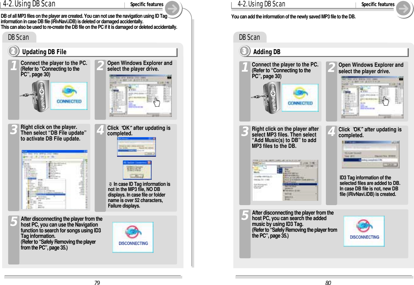 DB ScanDB Scan4-2. Using DB Scan Specific featuresDB of all MP3 files on the player are created. You can not use the navigation using ID Taginformation in case DB file (iRivNavi.iDB) is deleted or damaged accidentally. This can also be used to re-create the DB file on the PC if it is damaged or deleted accidentally.Updating DB File2222Connect the player to the PC.(Refer to “Connecting to thePC”, page 30)1Open Windows Explorer andselect the player drive.2Right click on the player. Then select “DB File update”to activate DB File update.3Click  OK after updating iscompleted.4In case ID Tag information isnot in the MP3 file, NO DBdisplays. In case file or foldername is over 52 characters,Failure displays.After disconnecting the player from thehost PC, you can use the Navigationfunction to search for songs using ID3Tag information. (Refer to “Safely Removing the playerfrom the PC”, page 35.)54-2. Using DB Scan Specific featuresYou can add the information of the newly saved MP3 file to the DB.Adding DB3333Connect the player to the PC.(Refer to “Connecting to thePC”, page 30)1Open Windows Explorer andselect the player drive.2Right click on the player afterselect MP3 files. Then select“Add Music(s) to DB” to addMP3 files to the DB.3Click  OK after updating iscompleted.4After disconnecting the player from thehost PC, you can search the addedmusic by using ID3 Tag. (Refer to “Safely Removing the player fromthe PC”, page 35.)5ID3 Tag information of theselected files are added to DB.In case DB file is not, new DBfile (iRivNavi.iDB) is created.80DISCONNECTINGDISCONNECTING79DISCONNECTINGDISCONNECTING