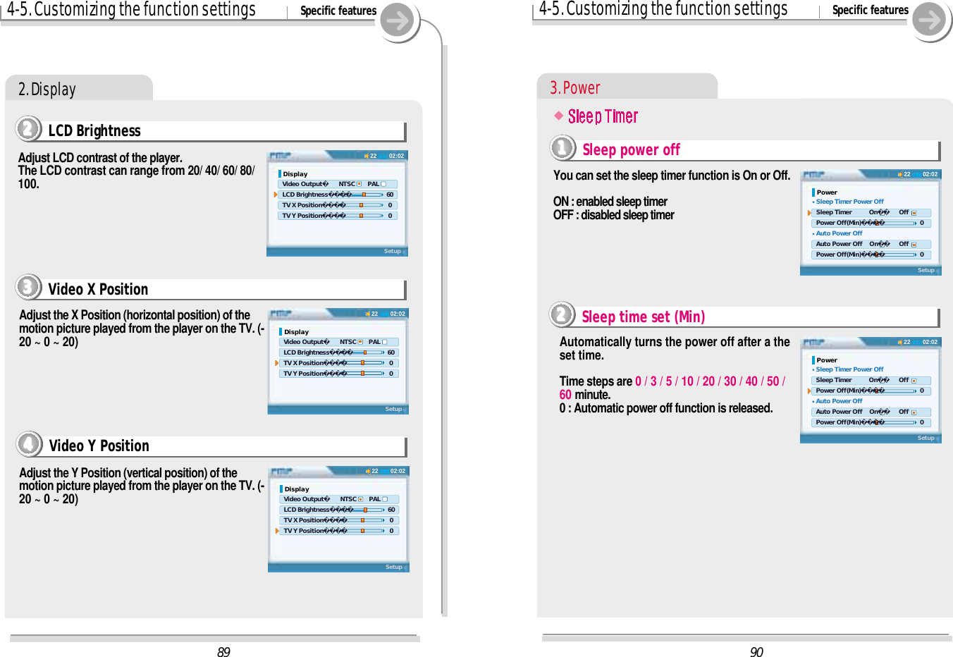 4-5. Customizing the function settings Specific features2. DisplayAdjust LCD contrast of the player.The LCD contrast can range from 20/ 40/ 60/ 80/100.Adjust the Y Position (vertical position) of themotion picture played from the player on the TV. (-20 ~ 0 ~ 20)Adjust the X Position (horizontal position) of themotion picture played from the player on the TV. (-20 ~ 0 ~ 20)LCD Brightness2222Video X Position3333Video Y Position4444904-5. Customizing the function settings Specific features3. Power02:0222Power Sleep Timer Power Off Sleep Timer          On    Off Power Off(Min)       0 Auto Power Off Auto Power Off    On    Off Power Off(Min)       0Setup02:0222Power Sleep Timer Power Off Sleep Timer          On    Off Power Off(Min)       0 Auto Power Off Auto Power Off    On    Off Power Off(Min)       0Setup8902:0222Display Video Output      NTSC       PAL LCD Brightness       60     TV X Position        0 TV Y Position        0Setup02:0222Display Video Output      NTSC       PAL LCD Brightness       60     TV X Position        0 TV Y Position        0Setup02:0222Display Video Output      NTSC       PAL LCD Brightness       60     TV X Position        0 TV Y Position        0SetupYou can set the sleep timer function is On or Off.ON : enabled sleep timerOFF : disabled sleep timerAutomatically turns the power off after a theset time.Time steps are 0 / 3 / 5 / 10 / 20 / 30 / 40 / 50 /60 minute.0 : Automatic power off function is released.Sleep power off1111Sleep time set (Min)2222#
