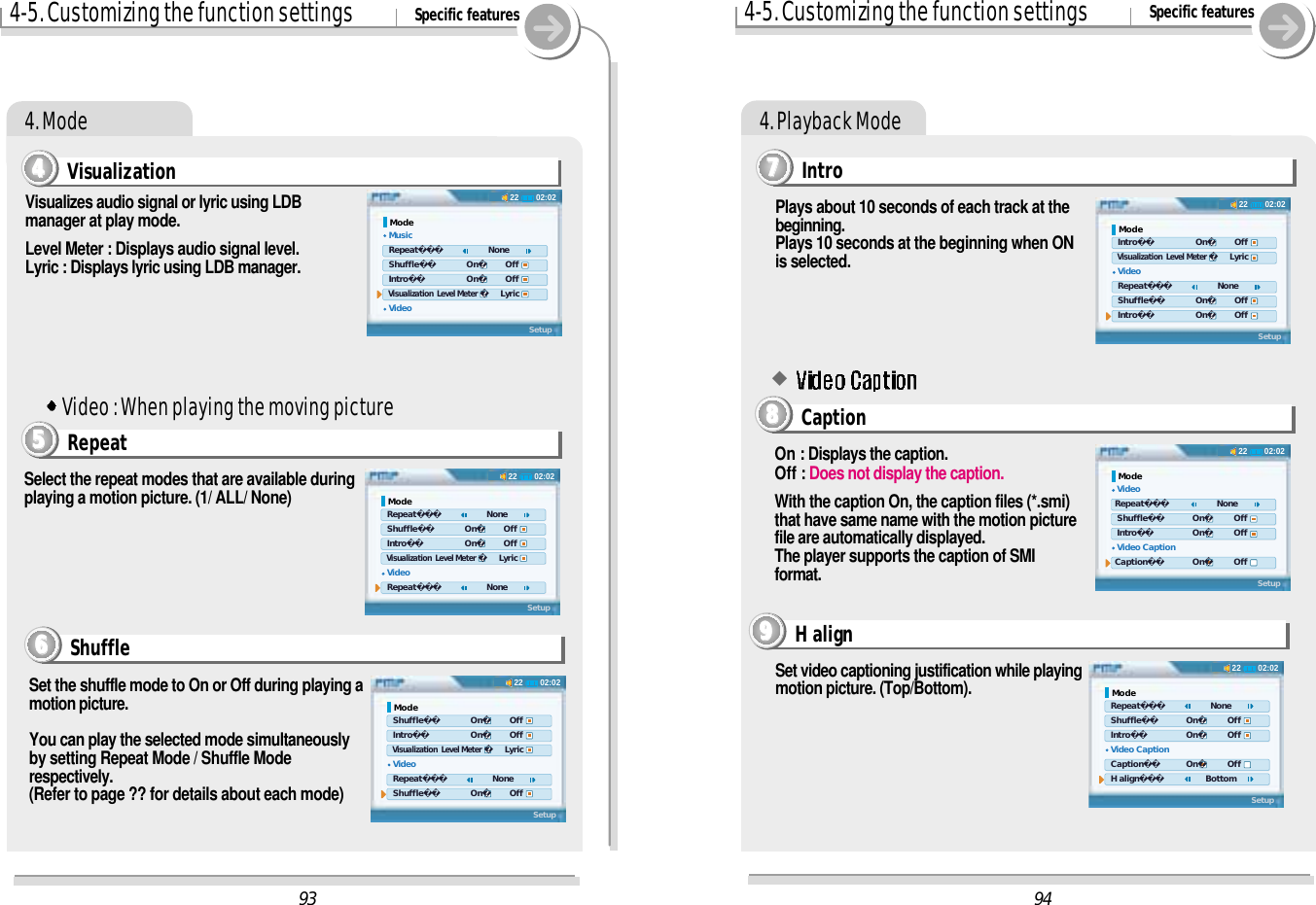 4. ModeVisualization44444-5. Customizing the function settings Specific featuresSet the shuffle mode to On or Off during playing amotion picture.You can play the selected mode simultaneouslyby setting Repeat Mode / Shuffle Moderespectively.(Refer to page ?? for details about each mode)Video : When playing the moving pictureShuffle6666Visualizes audio signal or lyric using LDBmanager at play mode.Level Meter : Displays audio signal level.Lyric : Displays lyric using LDB manager.Select the repeat modes that are available duringplaying a motion picture. (1/ ALL/ None)Repeat55554-5. Customizing the function settings Specific features4. Playback ModeIntro7777Plays about 10 seconds of each track at thebeginning.Plays 10 seconds at the beginning when ONis selected.Caption8888On : Displays the caption.Off : Does not display the caption.With the caption On, the caption files (*.smi)that have same name with the motion picturefile are automatically displayed.The player supports the caption of SMIformat.H align9999Set video captioning justification while playingmotion picture. (Top/Bottom).#9402:0222Mode Intro       On     Off Visualization  Level Meter    Lyric Video Repeat       None Shuffle       On     Off Intro       On     OffSetup02:0222Mode VideoRepeat       None Shuffle      On     Off Intro      On     Off Video CaptionCaption      On     OffSetup02:0222Mode Repeat       None Shuffle      On     Off Intro      On     Off Video Caption Caption      On     Off H align     BottomSetup9302:0222Mode Shuffle       On     Off Intro       On     Off Visualization  Level Meter    Lyric Video Repeat       None Shuffle       On     OffSetup02:0222Mode Music Repeat       None Shuffle       On     Off Intro       On     Off Visualization  Level Meter    Lyric VideoSetup02:0222Mode Repeat       None Shuffle       On     Off Intro       On     Off Visualization  Level Meter    Lyric Video Repeat       NoneSetup