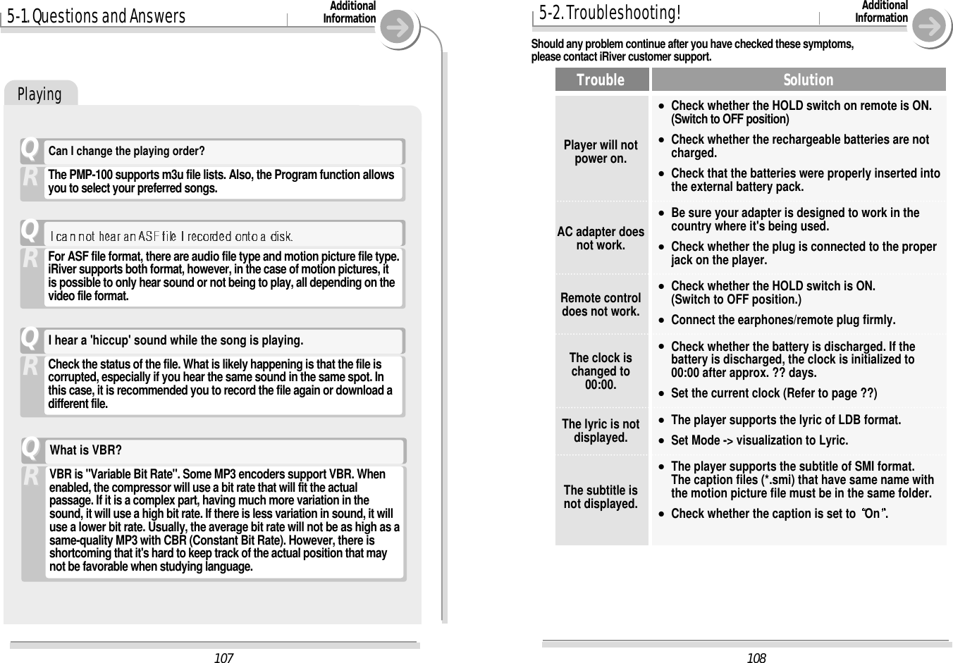 1085-2. Troubleshooting! AdditionalInformationSolutionCheck whether the HOLD switch on remote is ON.(Switch to OFF position)Check whether the rechargeable batteries are notcharged.Check that the batteries were properly inserted intothe external battery pack.Be sure your adapter is designed to work in thecountry where it&apos;s being used.Check whether the plug is connected to the properjack on the player.Check whether the HOLD switch is ON.(Switch to OFF position.)Connect the earphones/remote plug firmly.Check whether the battery is discharged. If thebattery is discharged, the clock is initialized to00:00 after approx. ?? days. Set the current clock (Refer to page ??)The player supports the lyric of LDB format.Set Mode -&gt; visualization to Lyric.The player supports the subtitle of SMI format.The caption files (*.smi) that have same name withthe motion picture file must be in the same folder.Check whether the caption is set to  On .&quot;&quot;&quot;&quot;&quot;&quot;&quot;&quot;&quot;&quot;&quot;&quot;&quot;TroublePlayer will notpower on.AC adapter doesnot work.Remote controldoes not work.The clock ischanged to00:00.The lyric is notdisplayed.The subtitle isnot displayed.Should any problem continue after you have checked these symptoms,please contact iRiver customer support.107Playing5-1. Questions and Answers AdditionalInformationWhat is VBR?VBR is &quot;Variable Bit Rate&quot;. Some MP3 encoders support VBR. Whenenabled, the compressor will use a bit rate that will fit the actualpassage. If it is a complex part, having much more variation in thesound, it will use a high bit rate. If there is less variation in sound, it willuse a lower bit rate. Usually, the average bit rate will not be as high as asame-quality MP3 with CBR (Constant Bit Rate). However, there isshortcoming that it&apos;s hard to keep track of the actual position that maynot be favorable when studying language.QQRRCan I change the playing order?The PMP-100 supports m3u file lists. Also, the Program function allowsyou to select your preferred songs.QQRRFor ASF file format, there are audio file type and motion picture file type.iRiver supports both format, however, in the case of motion pictures, itis possible to only hear sound or not being to play, all depending on thevideo file format.QQRRI hear a &apos;hiccup&apos; sound while the song is playing.Check the status of the file. What is likely happening is that the file iscorrupted, especially if you hear the same sound in the same spot. Inthis case, it is recommended you to record the file again or download adifferent file.QQRR