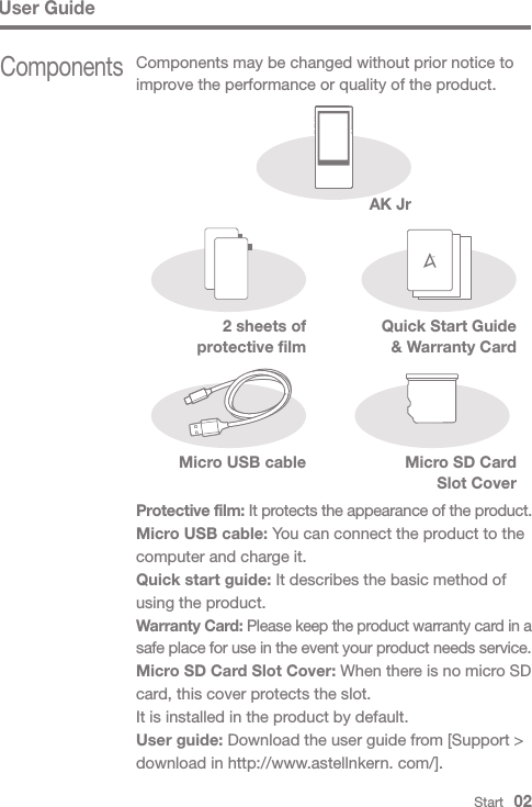 User GuideAK JrQuick Start Guide&amp; Warranty CardMicro SD Card Slot CoverProtective film: It protects the appearance of the product.Micro USB cable: You can connect the product to the computer and charge it.Quick start guide: It describes the basic method of using the product.Warranty Card: Please keep the product warranty card in a safe place for use in the event your product needs service.Micro SD Card Slot Cover: When there is no micro SD card, this cover protects the slot.It is installed in the product by default.User guide: Download the user guide from [Support &gt; download in http://www.astellnkern. com/].Components may be changed without prior notice to improve the performance or quality of the product.Components2 sheets of protective filmStart   02Micro USB cable