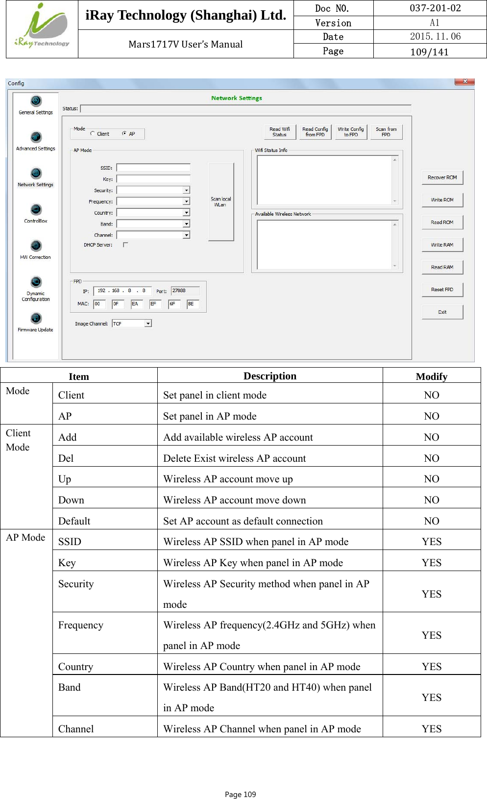  iRay Technology (Shanghai) Ltd. Doc N0.  037‐201‐02 Version    A1 Mars1717VUser’sManual Date  2015.11.06 Page  109/141Page 109  Item Description ModifyMode  Client  Set panel in client mode  NO AP  Set panel in AP mode  NO Client Mode Add  Add available wireless AP account  NO Del  Delete Exist wireless AP account  NO Up  Wireless AP account move up  NO Down  Wireless AP account move down  NO Default  Set AP account as default connection  NO AP Mode  SSID  Wireless AP SSID when panel in AP mode  YES Key  Wireless AP Key when panel in AP mode  YES Security  Wireless AP Security method when panel in AP mode YES Frequency  Wireless AP frequency(2.4GHz and 5GHz) when panel in AP mode YES Country  Wireless AP Country when panel in AP mode  YES Band  Wireless AP Band(HT20 and HT40) when panel in AP mode YES Channel  Wireless AP Channel when panel in AP mode  YES 