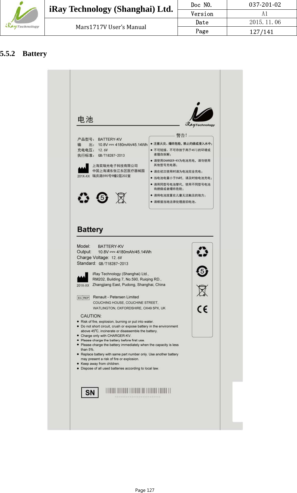  iRay Technology (Shanghai) Ltd. Doc N0.  037‐201‐02 Version    A1 Mars1717VUser’sManual Date  2015.11.06 Page  127/141Page 127 5.5.2 Battery  