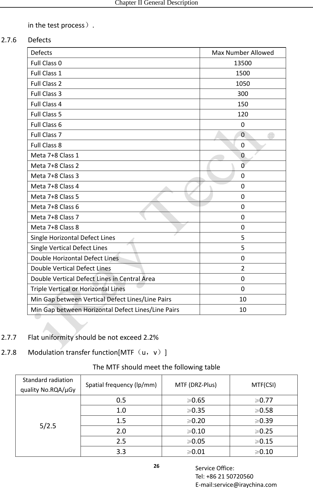 Chapter II General Description 26 ServiceOffice:Tel:+862150720560E‐mail:service@iraychina.cominthetestprocess）.2.7.6DefectsDefectsMaxNumberAllowedFullClass013500FullClass11500FullClass21050FullClass3300FullClass4150FullClass5120FullClass60FullClass70FullClass80Meta7+8Class10Meta7+8Class20Meta7+8Class30Meta7+8Class40Meta7+8Class50Meta7+8Class60Meta7+8Class70Meta7+8Class80SingleHorizontalDefectLines5SingleVerticalDefectLines5DoubleHorizontalDefectLines0DoubleVerticalDefectLines2DoubleVerticalDefectLinesinCentralArea0TripleVerticalorHorizontalLines0MinGapbetweenVerticalDefectLines/LinePairs10MinGapbetweenHorizontalDefectLines/LinePairs102.7.7Flatuniformityshouldbenotexceed2.2%2.7.8Modulationtransferfunction[MTF（u，v）]TheMTFshouldmeetthefollowingtableStandardradiationqualityNo.RQA/μGySpatialfrequency(lp/mm) MTF(DRZ‐Plus)MTF(CSI)5/2.50.5≥0.65≥0.771.0≥0.35≥0.581.5≥0.20≥0.392.0≥0.10≥0.252.5≥0.05≥0.153.3≥0.01≥0.10