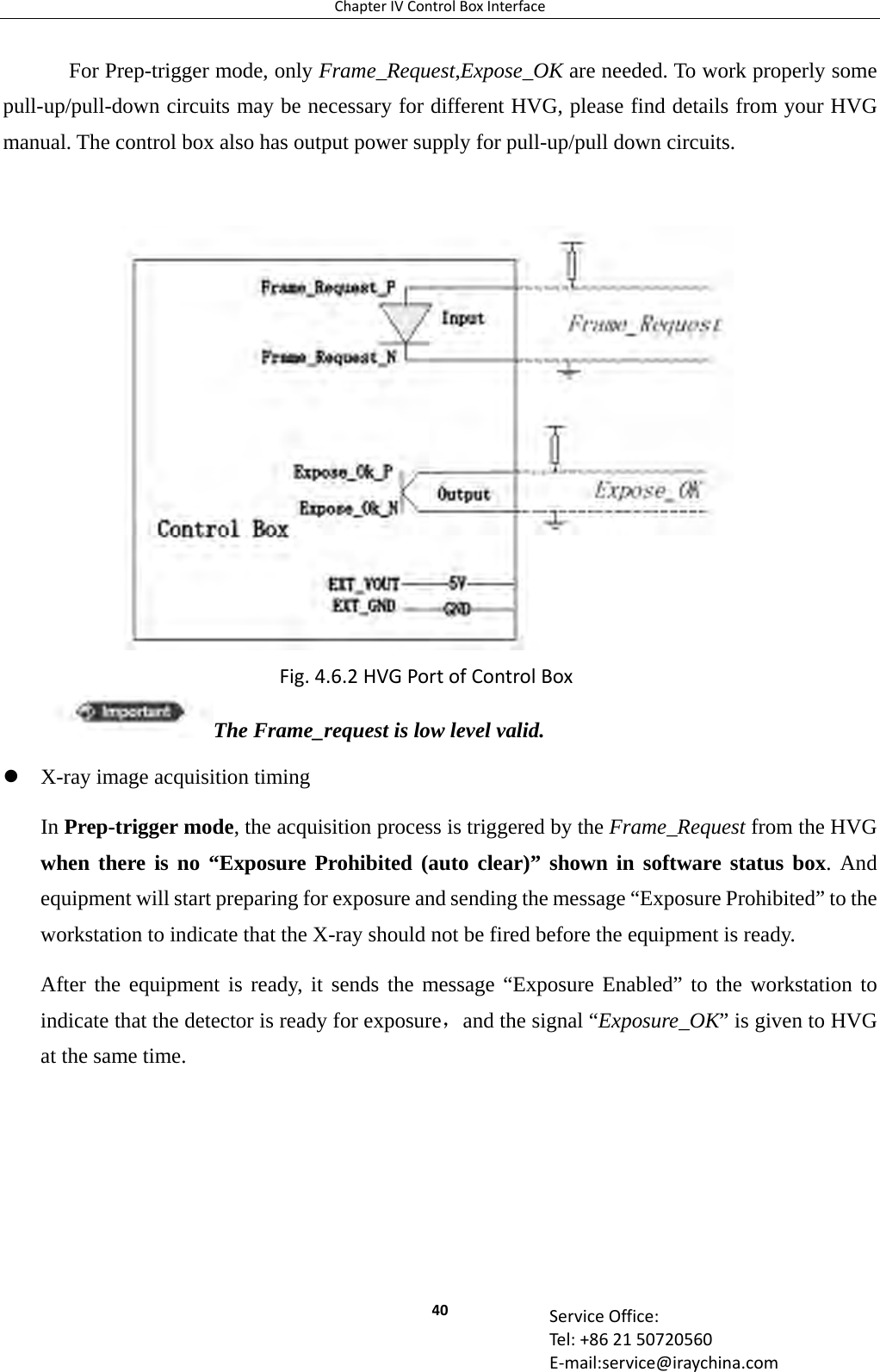 ChapterIVControlBoxInterface40 ServiceOffice:Tel:+862150720560E‐mail:service@iraychina.comFor Prep-trigger mode, only Frame_Request,Expose_OK are needed. To work properly some pull-up/pull-down circuits may be necessary for different HVG, please find details from your HVG manual. The control box also has output power supply for pull-up/pull down circuits.   X-ray image acquisition timing In Prep-trigger mode, the acquisition process is triggered by the Frame_Request from the HVG when there is no “Exposure Prohibited (auto clear)” shown in software status box. And equipment will start preparing for exposure and sending the message “Exposure Prohibited” to the workstation to indicate that the X-ray should not be fired before the equipment is ready. After the equipment is ready, it sends the message “Exposure Enabled” to the workstation to indicate that the detector is ready for exposure，and the signal “Exposure_OK” is given to HVG at the same time. Fig.4.6.2HVGPortofControlBoxThe Frame_request is low level valid. 