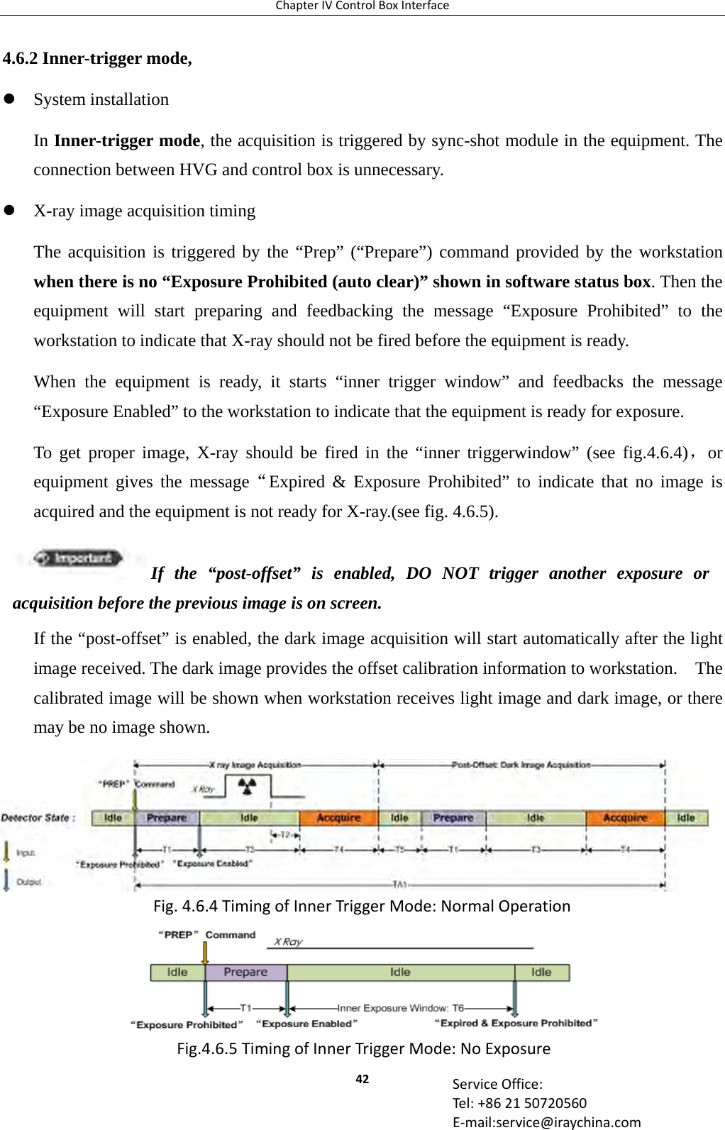 ChapterIVControlBoxInterface42 ServiceOffice:Tel:+862150720560E‐mail:service@iraychina.com4.6.2 Inner-trigger mode,  System installation In Inner-trigger mode, the acquisition is triggered by sync-shot module in the equipment. The connection between HVG and control box is unnecessary.    X-ray image acquisition timing The acquisition is triggered by the “Prep” (“Prepare”) command provided by the workstation when there is no “Exposure Prohibited (auto clear)” shown in software status box. Then the equipment will start preparing and feedbacking the message “Exposure Prohibited” to the workstation to indicate that X-ray should not be fired before the equipment is ready. When the equipment is ready, it starts “inner trigger window” and feedbacks the message “Exposure Enabled” to the workstation to indicate that the equipment is ready for exposure. To get proper image, X-ray should be fired in the “inner triggerwindow” (see fig.4.6.4)，or equipment gives the message“Expired &amp; Exposure Prohibited” to indicate that no image is acquired and the equipment is not ready for X-ray.(see fig. 4.6.5). If the “post-offset” is enabled, the dark image acquisition will start automatically after the light image received. The dark image provides the offset calibration information to workstation.    The calibrated image will be shown when workstation receives light image and dark image, or there may be no image shown.             Fig.4.6.4TimingofInnerTriggerMode:NormalOperationFig.4.6.5TimingofInnerTriggerMode:NoExposureIf the “post-offset” is enabled, DO NOT trigger another exposure or acquisition before the previous image is on screen.   