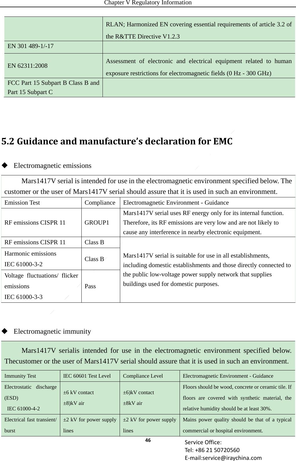 Chapter V Regulatory Information 46 ServiceOffice:Tel:+862150720560E‐mail:service@iraychina.comRLAN; Harmonized EN covering essential requirements of article 3.2 of the R&amp;TTE Directive V1.2.3 EN 301 489-1/-17   EN 62311:2008  Assessment of electronic and electrical equipment related to human exposure restrictions for electromagnetic fields (0 Hz - 300 GHz) FCC Part 15 Subpart B Class B and Part 15 Subpart C   5.2Guidanceandmanufacture’sdeclarationforEMC Electromagnetic emissions Mars1417V serial is intended for use in the electromagnetic environment specified below. The customer or the user of Mars1417V serial should assure that it is used in such an environment. Emission Test  Compliance  Electromagnetic Environment - Guidance RF emissions CISPR 11  GROUP1 Mars1417V serial uses RF energy only for its internal function. Therefore, its RF emissions are very low and are not likely to cause any interference in nearby electronic equipment. RF emissions CISPR 11  Class B Mars1417V serial is suitable for use in all establishments, including domestic establishments and those directly connected to the public low-voltage power supply network that supplies buildings used for domestic purposes. Harmonic emissions IEC 61000-3-2  Class B Voltage fluctuations/ flicker emissions IEC 61000-3-3 Pass   Electromagnetic immunity Mars1417V serialis intended for use in the electromagnetic environment specified below. Thecustomer or the user of Mars1417V serial should assure that it is used in such an environment. Immunity Test  IEC 60601 Test Level  Compliance Level  Electromagnetic Environment - Guidance Electrostatic discharge (ESD)  IEC 61000-4-2 ±6 kV contact ±8)kV air ±6)kV contact ±8kV air Floors should be wood, concrete or ceramic tile. If floors are covered with synthetic material, the relative humidity should be at least 30%. Electrical fast transient/ burst ±2 kV for power supply lines ±2 kV for power supply lines Mains power quality should be that of a typical commercial or hospital environment. 