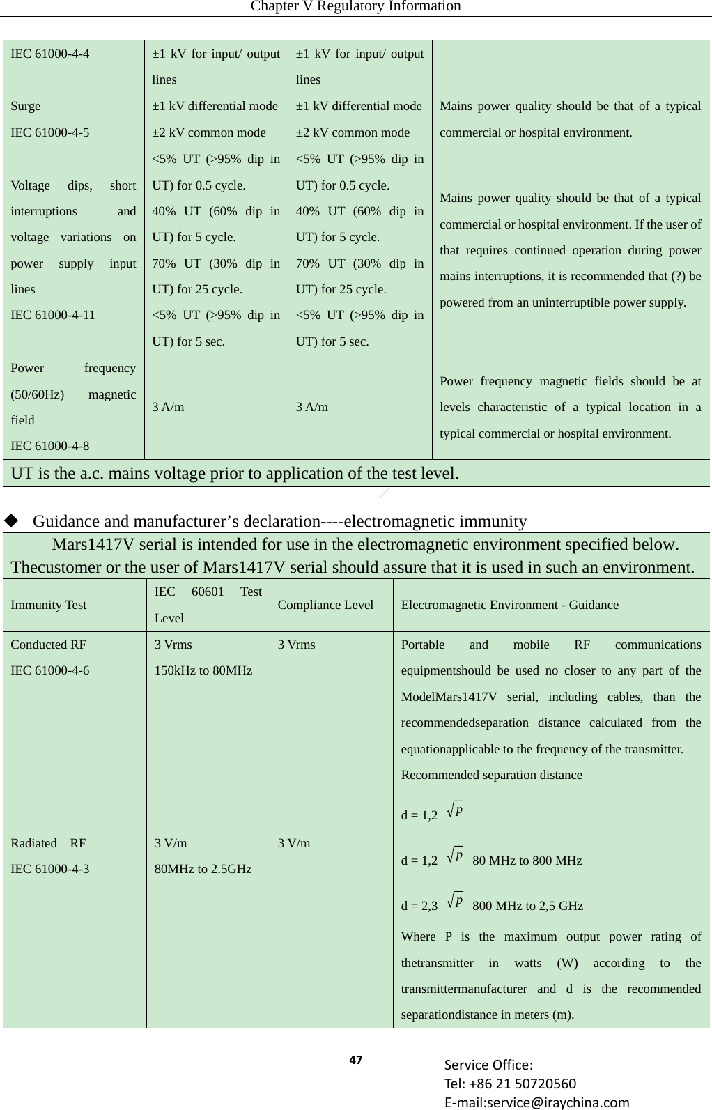 Chapter V Regulatory Information 47 ServiceOffice:Tel:+862150720560E‐mail:service@iraychina.comIEC 61000-4-4  ±1 kV for input/ output lines ±1 kV for input/ output lines Surge IEC 61000-4-5 ±1 kV differential mode ±2 kV common mode ±1 kV differential mode±2 kV common mode Mains power quality should be that of a typical commercial or hospital environment. Voltage dips, short interruptions and voltage variations on power supply input lines IEC 61000-4-11 &lt;5% UT (&gt;95% dip in UT) for 0.5 cycle. 40% UT (60% dip in UT) for 5 cycle. 70% UT (30% dip in UT) for 25 cycle. &lt;5% UT (&gt;95% dip in UT) for 5 sec. &lt;5% UT (&gt;95% dip in UT) for 0.5 cycle. 40% UT (60% dip in UT) for 5 cycle. 70% UT (30% dip in UT) for 25 cycle. &lt;5% UT (&gt;95% dip in UT) for 5 sec. Mains power quality should be that of a typical commercial or hospital environment. If the user of that requires continued operation during power mains interruptions, it is recommended that (?) be powered from an uninterruptible power supply. Power frequency (50/60Hz) magnetic field IEC 61000-4-8 3 A/m  3 A/m Power frequency magnetic fields should be at levels characteristic of a typical location in a typical commercial or hospital environment. UT is the a.c. mains voltage prior to application of the test level.  Guidance and manufacturer’s declaration----electromagnetic immunityMars1417V serial is intended for use in the electromagnetic environment specified below. Thecustomer or the user of Mars1417V serial should assure that it is used in such an environment. Immunity Test  IEC 60601 Test Level  Compliance Level  Electromagnetic Environment - Guidance Conducted RF IEC 61000-4-6 3 Vrms 150kHz to 80MHz 3 Vrms  Portable and mobile RF communications equipmentshould be used no closer to any part of the ModelMars1417V serial, including cables, than the recommendedseparation distance calculated from the equationapplicable to the frequency of the transmitter. Recommended separation distance d = 1,2  p d = 1,2  p  80 MHz to 800 MHz d = 2,3  p  800 MHz to 2,5 GHz Where P is the maximum output power rating of thetransmitter in watts (W) according to the transmittermanufacturer and d is the recommended separationdistance in meters (m). Radiated  RF IEC 61000-4-3 3 V/m 80MHz to 2.5GHz 3 V/m  