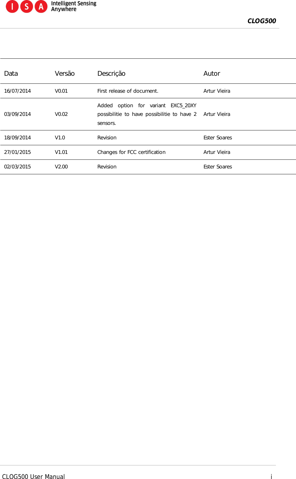  CLOG500      CLOG500 User Manual     i     Data  Vers&atilde;o  Descri&ccedil;&atilde;o  Autor 16/07/2014  V0.01  First release of document.  Artur Vieira 03/09/2014  V0.02 Added  option  for  variant  EXC5_20XY possibilitie to have possibilitie to have 2 sensors. Artur Vieira 18/09/2014  V1.0  Revision  Ester Soares 27/01/2015  V1.01  Changes for FCC certification  Artur Vieira 02/03/2015  V2.00  Revision  Ester Soares 