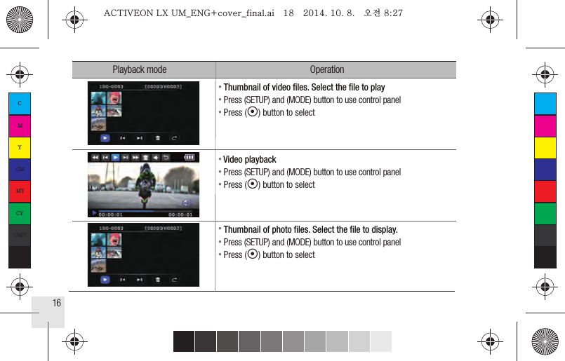 16Playback mode Operation● Thumbnail of video ﬁles. Select the ﬁle to play● Press (SETUP) and (MODE) button to use control panel● Press (◉) button to select● Video playback● Press (SETUP) and (MODE) button to use control panel● Press (◉) button to select● Thumbnail of photo ﬁles. Select the ﬁle to display.● Press (SETUP) and (MODE) button to use control panel● Press (◉) button to selectCMYCMMYCYCMYKACTIVEON LX UM_ENG+cover_final.ai   18   2014. 10. 8.   오전 8:27ACTIVEON LX UM_ENG+cover_final.ai   18   2014. 10. 8.   오전 8:27