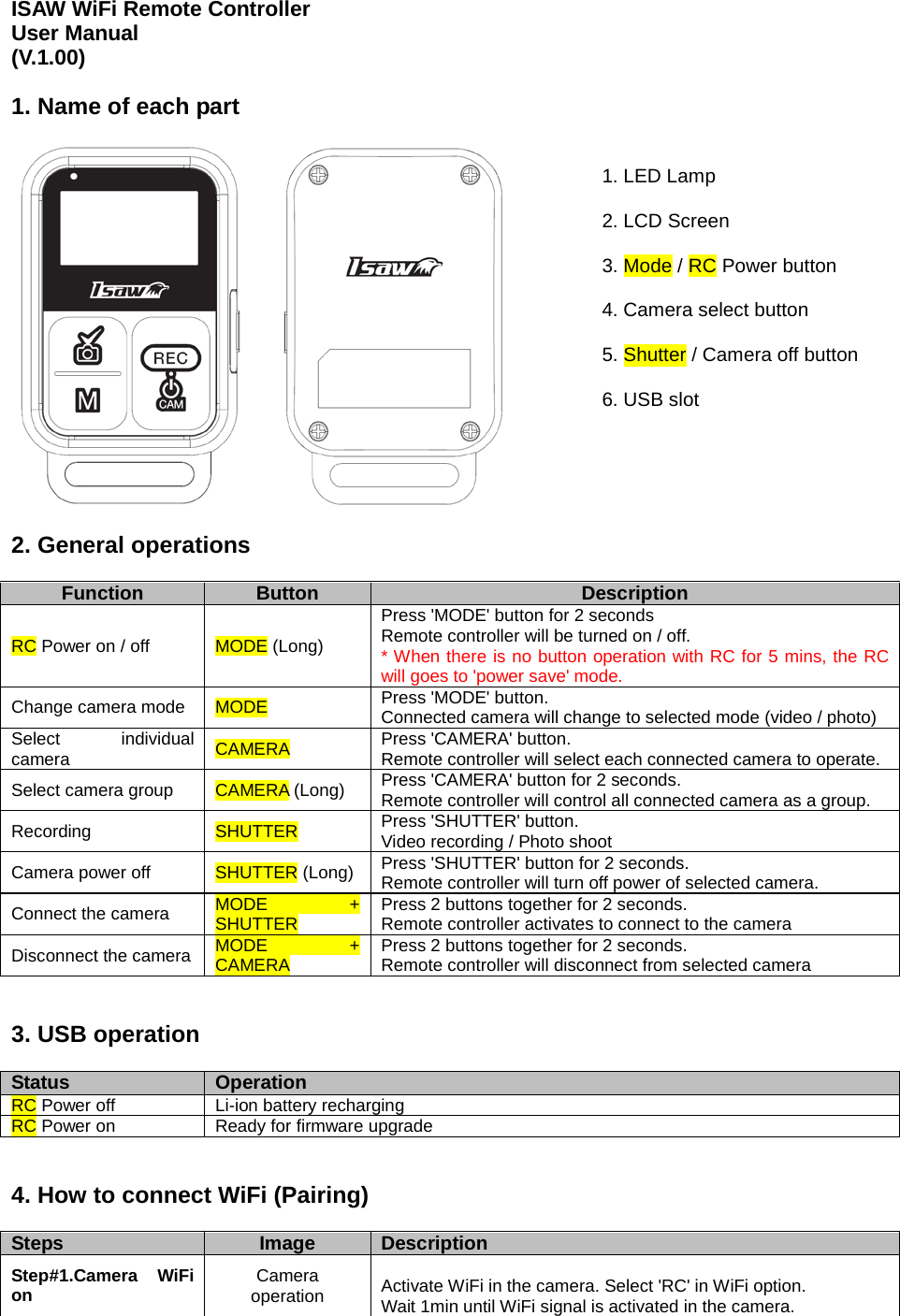 ISAW WiFi Remote Controller User Manual (V.1.00)  1. Name of each part    1. LED Lamp  2. LCD Screen  3. Mode / RC Power button  4. Camera select button  5. Shutter / Camera off button  6. USB slot  2. General operations  Function Button Description RC Power on / off MODE (Long) Press &apos;MODE&apos; button for 2 seconds Remote controller will be turned on / off. * When there is no button operation with RC for 5 mins, the RC will goes to &apos;power save&apos; mode. Change camera mode MODE Press &apos;MODE&apos; button. Connected camera will change to selected mode (video / photo) Select individual camera CAMERA Press &apos;CAMERA&apos; button. Remote controller will select each connected camera to operate. Select camera group CAMERA (Long) Press &apos;CAMERA&apos; button for 2 seconds. Remote controller will control all connected camera as a group. Recording SHUTTER Press &apos;SHUTTER&apos; button. Video recording / Photo shoot Camera power off SHUTTER (Long) Press &apos;SHUTTER&apos; button for 2 seconds. Remote controller will turn off power of selected camera. Connect the camera MODE + SHUTTER Press 2 buttons together for 2 seconds. Remote controller activates to connect to the camera Disconnect the camera MODE + CAMERA Press 2 buttons together for 2 seconds. Remote controller will disconnect from selected camera   3. USB operation  Status Operation RC Power off Li-ion battery recharging RC Power on Ready for firmware upgrade   4. How to connect WiFi (Pairing)  Steps Image Description Step#1.Camera WiFi on Camera operation  Activate WiFi in the camera. Select &apos;RC&apos; in WiFi option. Wait 1min until WiFi signal is activated in the camera. 