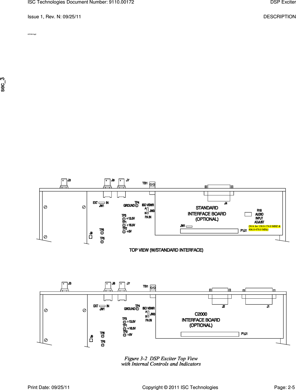   Issue 1, Rev. N: 09/25/11  DESCRIPTION v0 3 4 4. hg l    ISC Technologies Document Number: 9110.00172  DSP Exciter  Print Date: 09/25/11  Copyright © 2011 ISC Technologies  Page: 2-5 (N/A for 138.0-174.0 MHZ &amp; 406.0-470.0 MHz) 