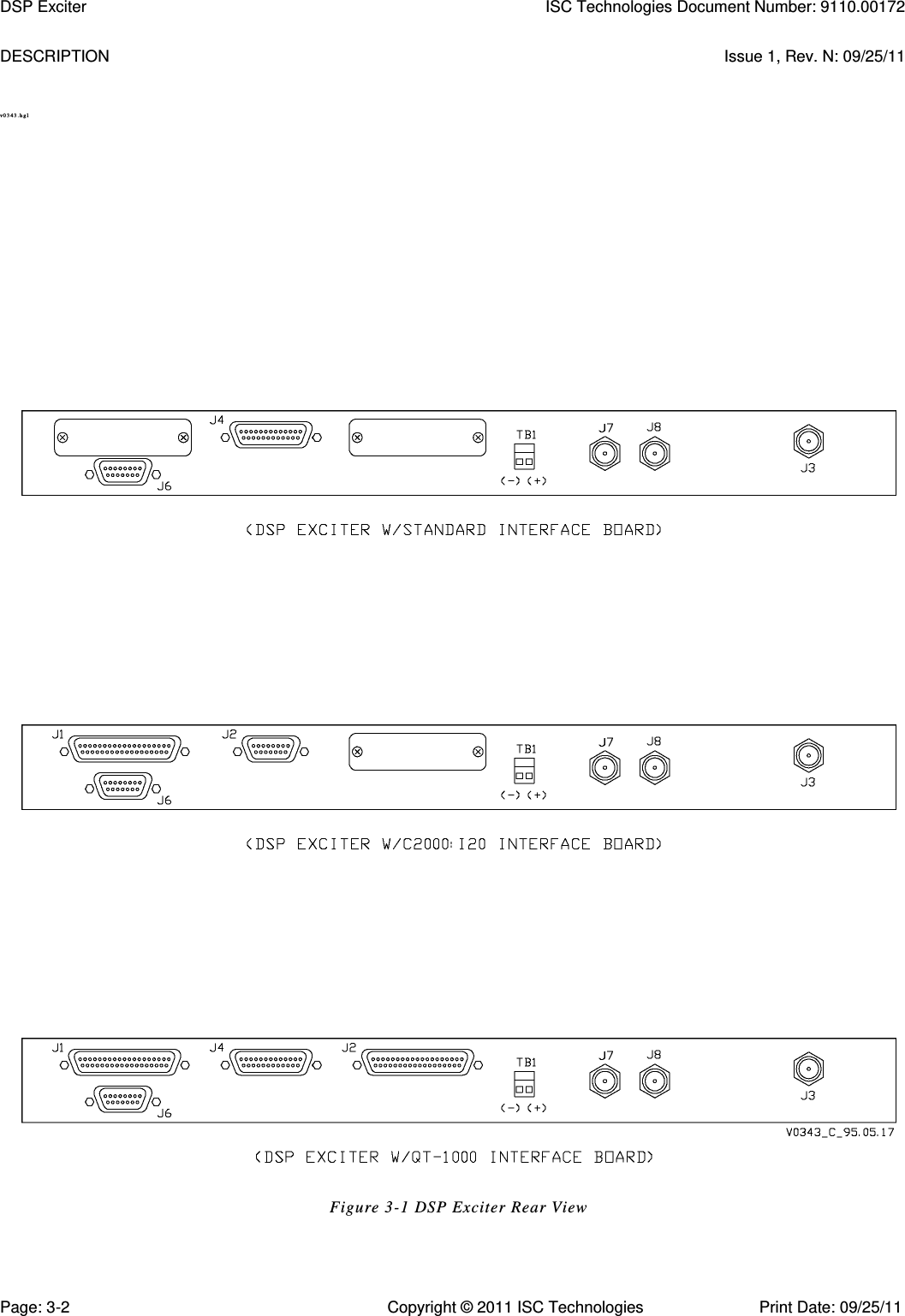   DESCRIPTION  Issue 1, Rev. N: 09/25/11 v 0 3 4 3 . hg l     Figure 3-1 DSP Exciter Rear View DSP Exciter  ISC Technologies Document Number: 9110.00172 Page: 3-2  Copyright © 2011 ISC Technologies  Print Date: 09/25/11 