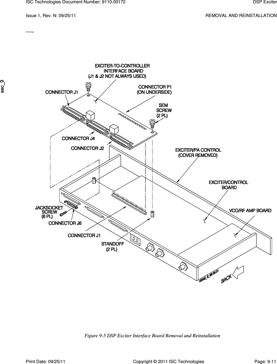   Issue 1, Rev. N: 09/25/11  REMOVAL AND REINSTALLATION v 0 3 4 2 . hg l  Figure 9-5 DSP Exciter Interface Board Removal and Reinstallation ISC Technologies Document Number: 9110.00172  DSP Exciter   Print Date: 09/25/11  Copyright © 2011 ISC Technologies  Page: 9-11 
