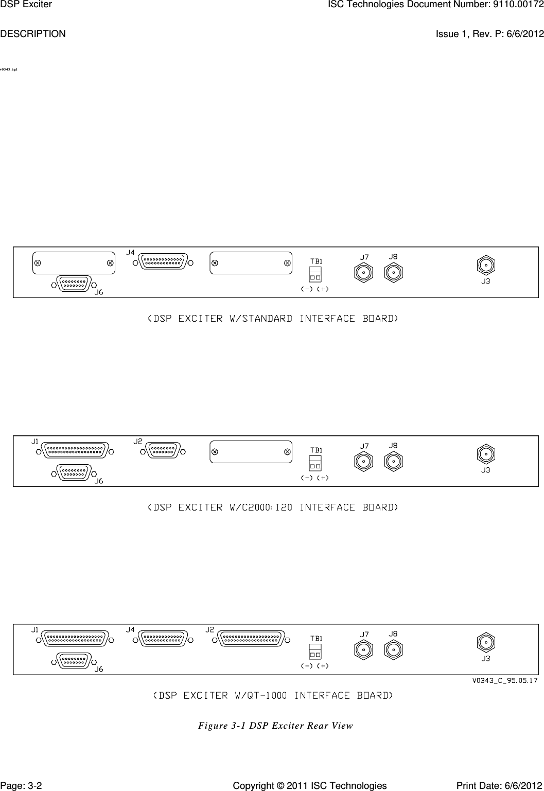   DESCRIPTION  Issue 1, Rev. P: 6/6/2012 v 0 3 4 3 . hg l     Figure 3-1 DSP Exciter Rear View DSP Exciter  ISC Technologies Document Number: 9110.00172 Page: 3-2  Copyright © 2011 ISC Technologies  Print Date: 6/6/2012 