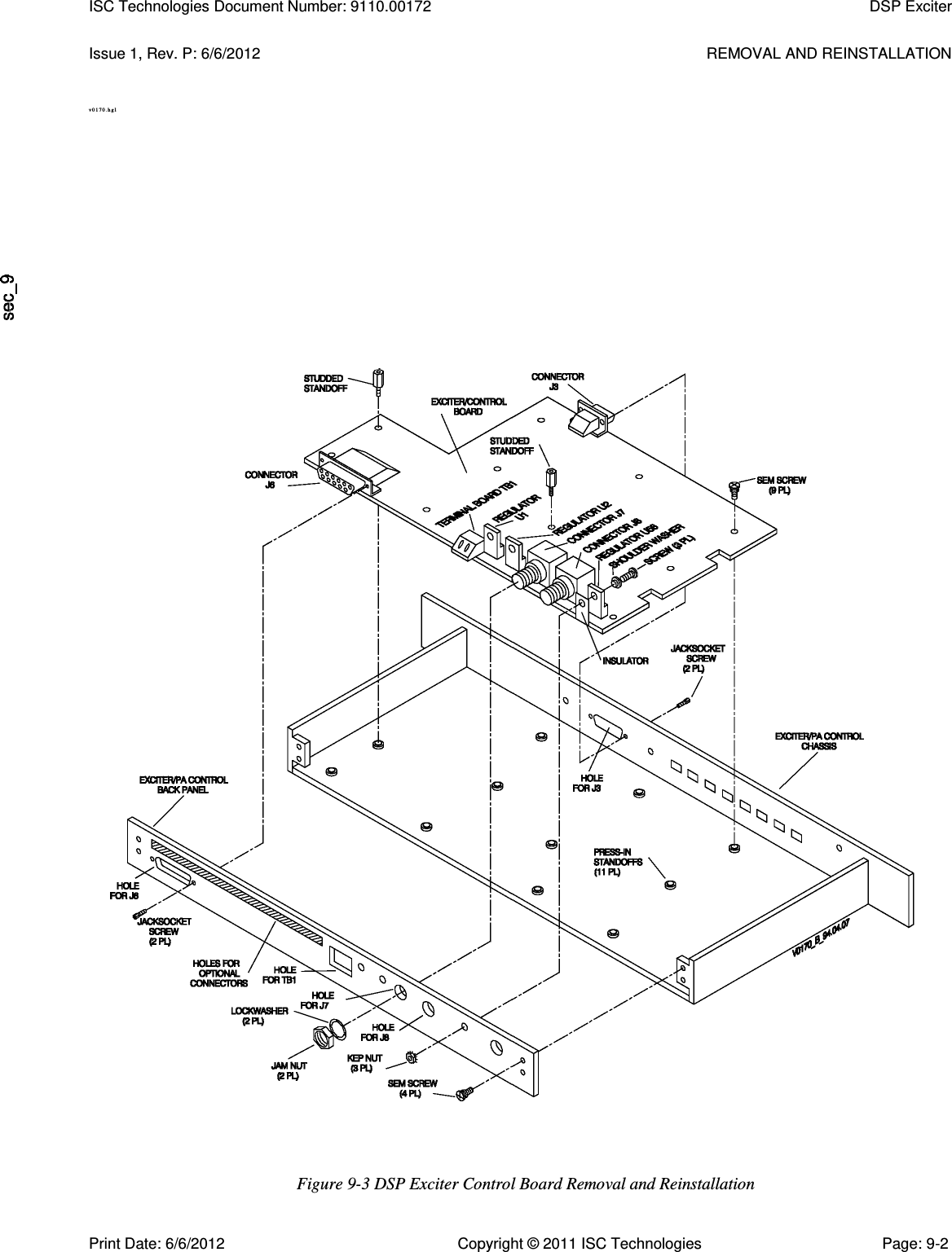   Issue 1, Rev. P: 6/6/2012  REMOVAL AND REINSTALLATION v 0 1 7 0 . hg l  Figure 9-3 DSP Exciter Control Board Removal and Reinstallation ISC Technologies Document Number: 9110.00172  DSP Exciter     Print Date: 6/6/2012  Copyright © 2011 ISC Technologies  Page: 9-2 