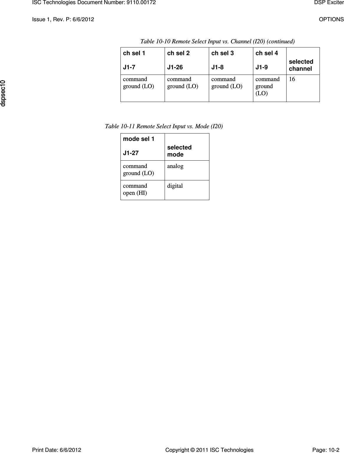   Issue 1, Rev. P: 6/6/2012  OPTIONS Table 10-10 Remote Select Input vs. Channel (I20) (continued) ch sel 1 ch sel 2 ch sel 3 ch sel 4  J1-7 J1-26 J1-8 J1-9 selected channel command ground (LO) command ground (LO) command ground (LO) command ground (LO) 16 Table 10-11 Remote Select Input vs. Mode (I20) mode sel 1  J1-27 selected mode command ground (LO) analog command open (HI) digital ISC Technologies Document Number: 9110.00172  DSP Exciter  Print Date: 6/6/2012  Copyright © 2011 ISC Technologies  Page: 10-2 