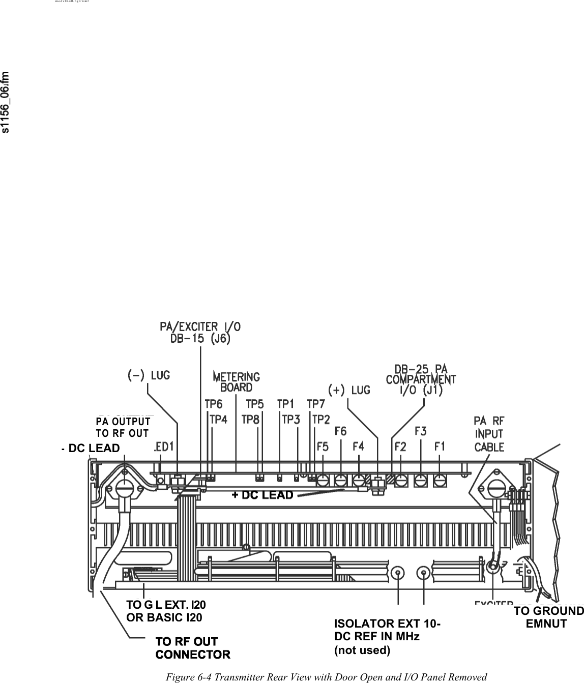       modv0440.hgl/wmf TO G L EXT. I20 OR BASIC I20TO GROUNDISOLATOR EXT 10-  EMNUT DC REF IN MHz (not used)PA OUTPUT TO RF OUT - DC LEAD Figure 6-4 Transmitter Rear View with Door Open and I/O Panel Removed 