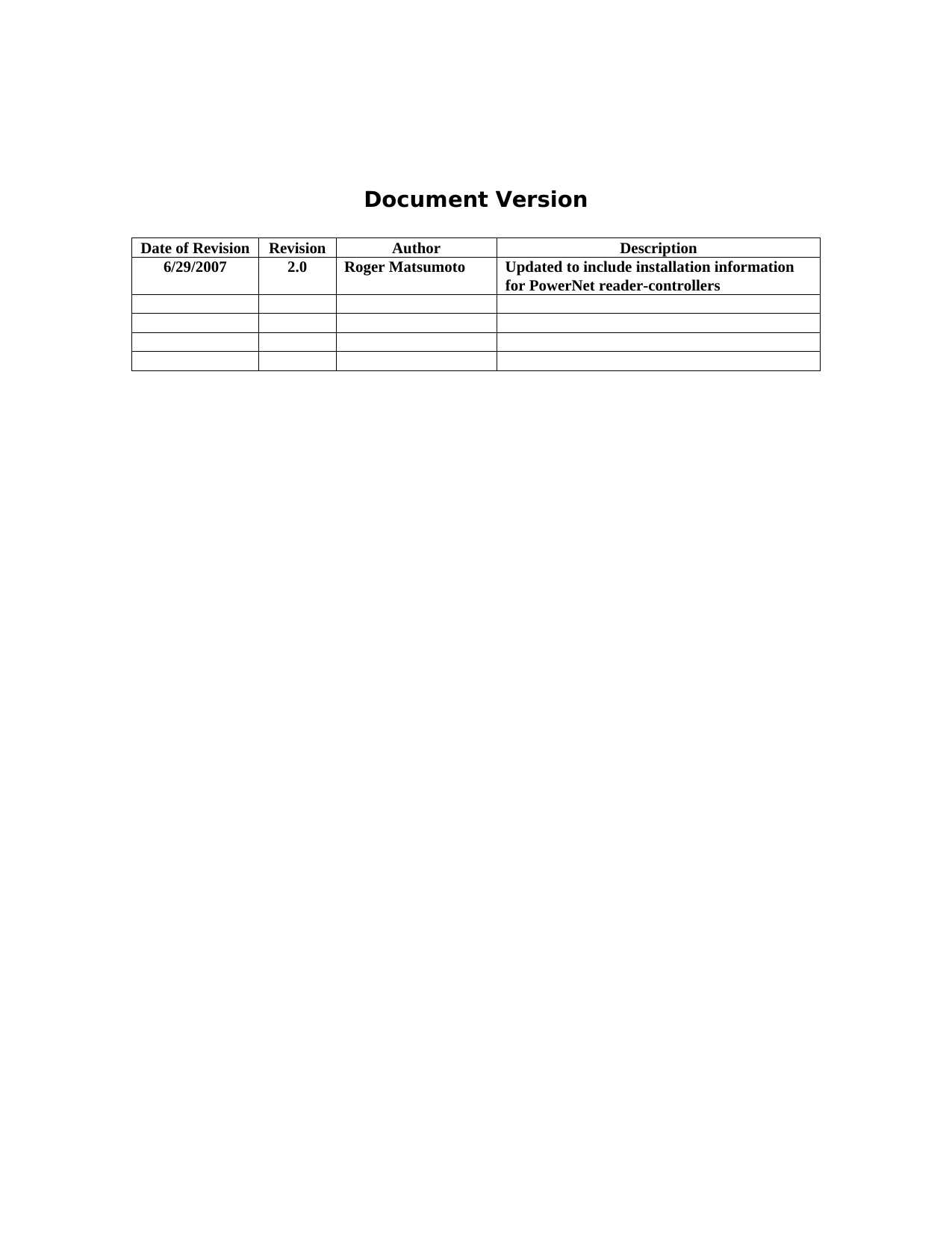      Document Version  Date of Revision  Revision  Author  Description 6/29/2007  2.0  Roger Matsumoto  Updated to include installation information for PowerNet reader-controllers                      