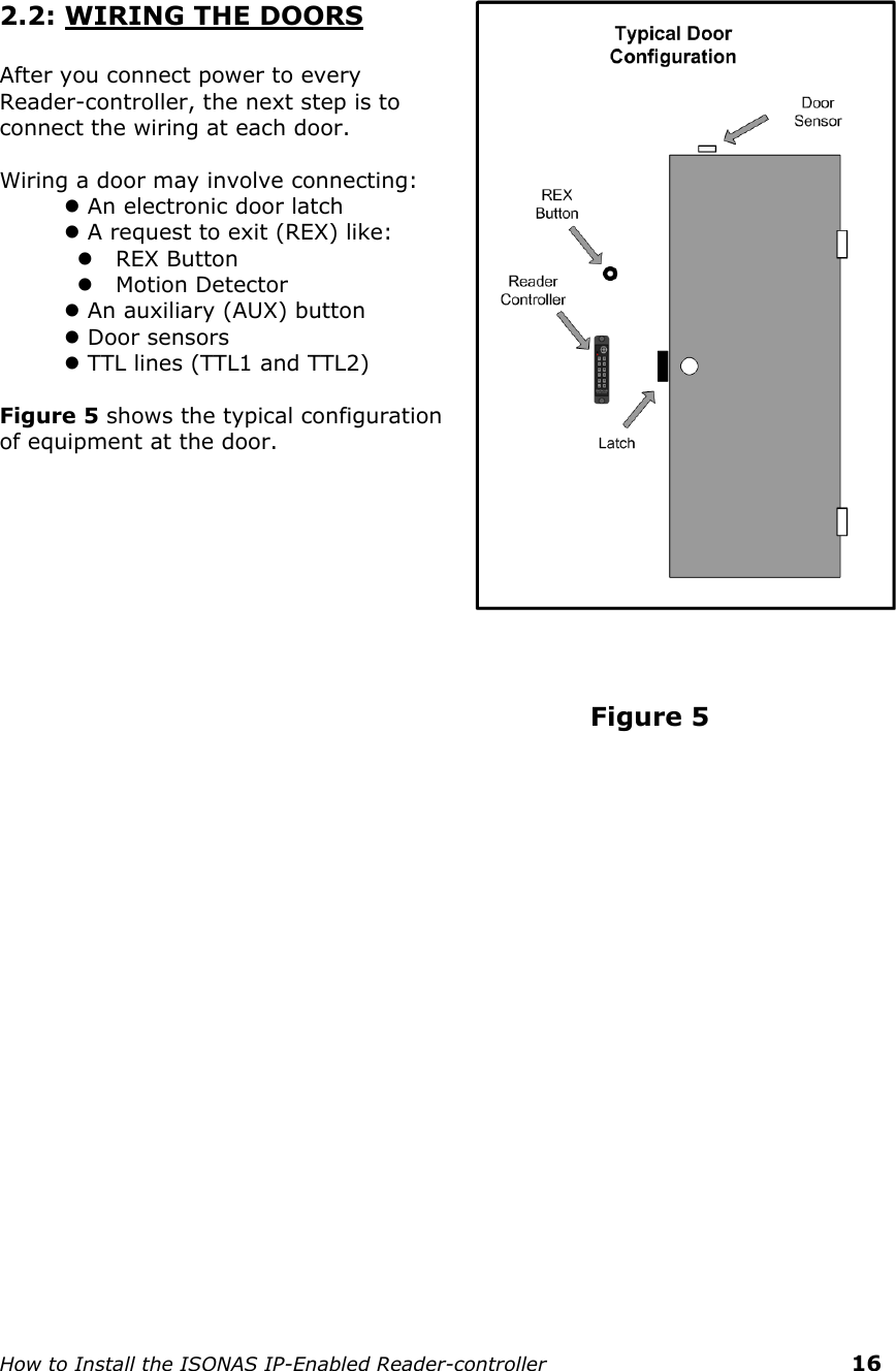    How to Install the ISONAS IP-Enabled Reader-controller    16    2.2: WIRING THE DOORS  After you connect power to every Reader-controller, the next step is to connect the wiring at each door.   Wiring a door may involve connecting:  An electronic door latch  A request to exit (REX) like:     REX Button     Motion Detector  An auxiliary (AUX) button  Door sensors  TTL lines (TTL1 and TTL2)   Figure 5 shows the typical configuration of equipment at the door.                                                                            Figure 5   