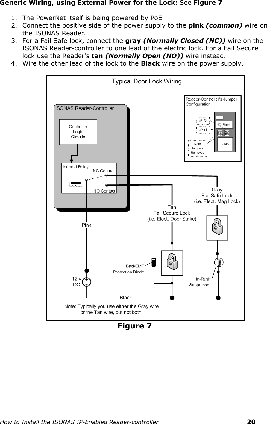    How to Install the ISONAS IP-Enabled Reader-controller    20 Generic Wiring, using External Power for the Lock: See Figure 7  1. The PowerNet itself is being powered by PoE. 2. Connect the positive side of the power supply to the pink (common) wire on the ISONAS Reader.   3. For a Fail Safe lock, connect the gray (Normally Closed (NC)) wire on the ISONAS Reader-controller to one lead of the electric lock. For a Fail Secure lock use the Reader&apos;s tan (Normally Open (NO)) wire instead. 4. Wire the other lead of the lock to the Black wire on the power supply.                                                 Figure 7 