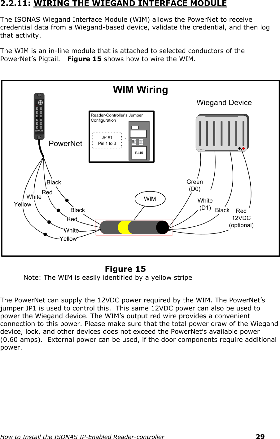    How to Install the ISONAS IP-Enabled Reader-controller    29 2.2.11: WIRING THE WIEGAND INTERFACE MODULE  The ISONAS Wiegand Interface Module (WIM) allows the PowerNet to receive credential data from a Wiegand-based device, validate the credential, and then log that activity.    The WIM is an in-line module that is attached to selected conductors of the PowerNet’s Pigtail.   Figure 15 shows how to wire the WIM.                           Figure 15 Note: The WIM is easily identified by a yellow stripe    The PowerNet can supply the 12VDC power required by the WIM. The PowerNet’s jumper JP1 is used to control this.  This same 12VDC power can also be used to power the Wiegand device. The WIM’s output red wire provides a convenient connection to this power. Please make sure that the total power draw of the Wiegand device, lock, and other devices does not exceed the PowerNet’s available power (0.60 amps).  External power can be used, if the door components require additional power.      