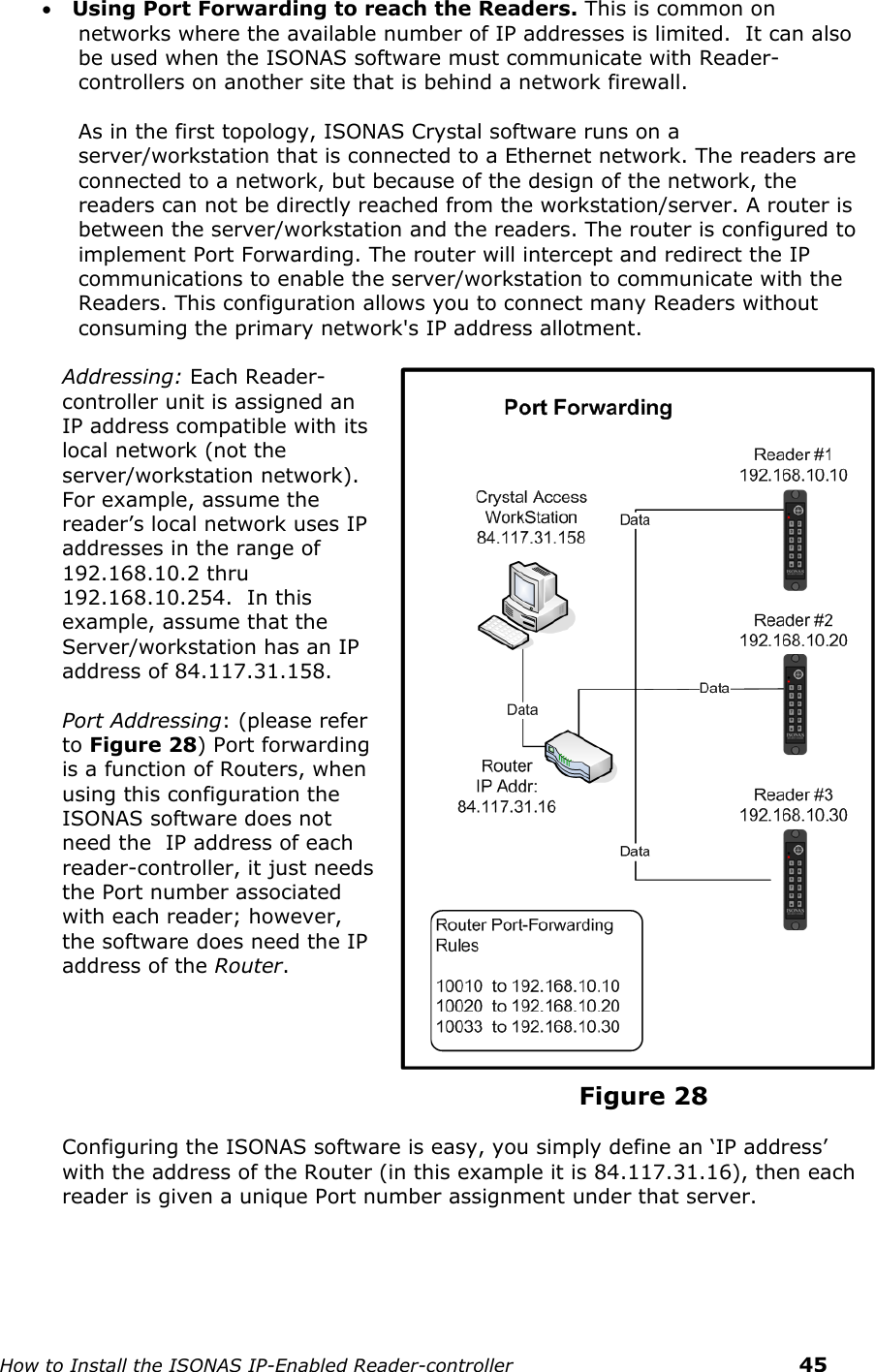    How to Install the ISONAS IP-Enabled Reader-controller    45  Using Port Forwarding to reach the Readers. This is common on networks where the available number of IP addresses is limited.  It can also be used when the ISONAS software must communicate with Reader-controllers on another site that is behind a network firewall.   As in the first topology, ISONAS Crystal software runs on a server/workstation that is connected to a Ethernet network. The readers are connected to a network, but because of the design of the network, the readers can not be directly reached from the workstation/server. A router is between the server/workstation and the readers. The router is configured to implement Port Forwarding. The router will intercept and redirect the IP communications to enable the server/workstation to communicate with the Readers. This configuration allows you to connect many Readers without consuming the primary network&apos;s IP address allotment.  Addressing: Each Reader-controller unit is assigned an IP address compatible with its local network (not the server/workstation network). For example, assume the reader’s local network uses IP addresses in the range of 192.168.10.2 thru 192.168.10.254.  In this example, assume that the Server/workstation has an IP address of 84.117.31.158.   Port Addressing: (please refer to Figure 28) Port forwarding is a function of Routers, when using this configuration the ISONAS software does not need the  IP address of each reader-controller, it just needs the Port number associated with each reader; however, the software does need the IP address of the Router.                                                                                    Figure 28  Configuring the ISONAS software is easy, you simply define an ‘IP address’ with the address of the Router (in this example it is 84.117.31.16), then each reader is given a unique Port number assignment under that server.      