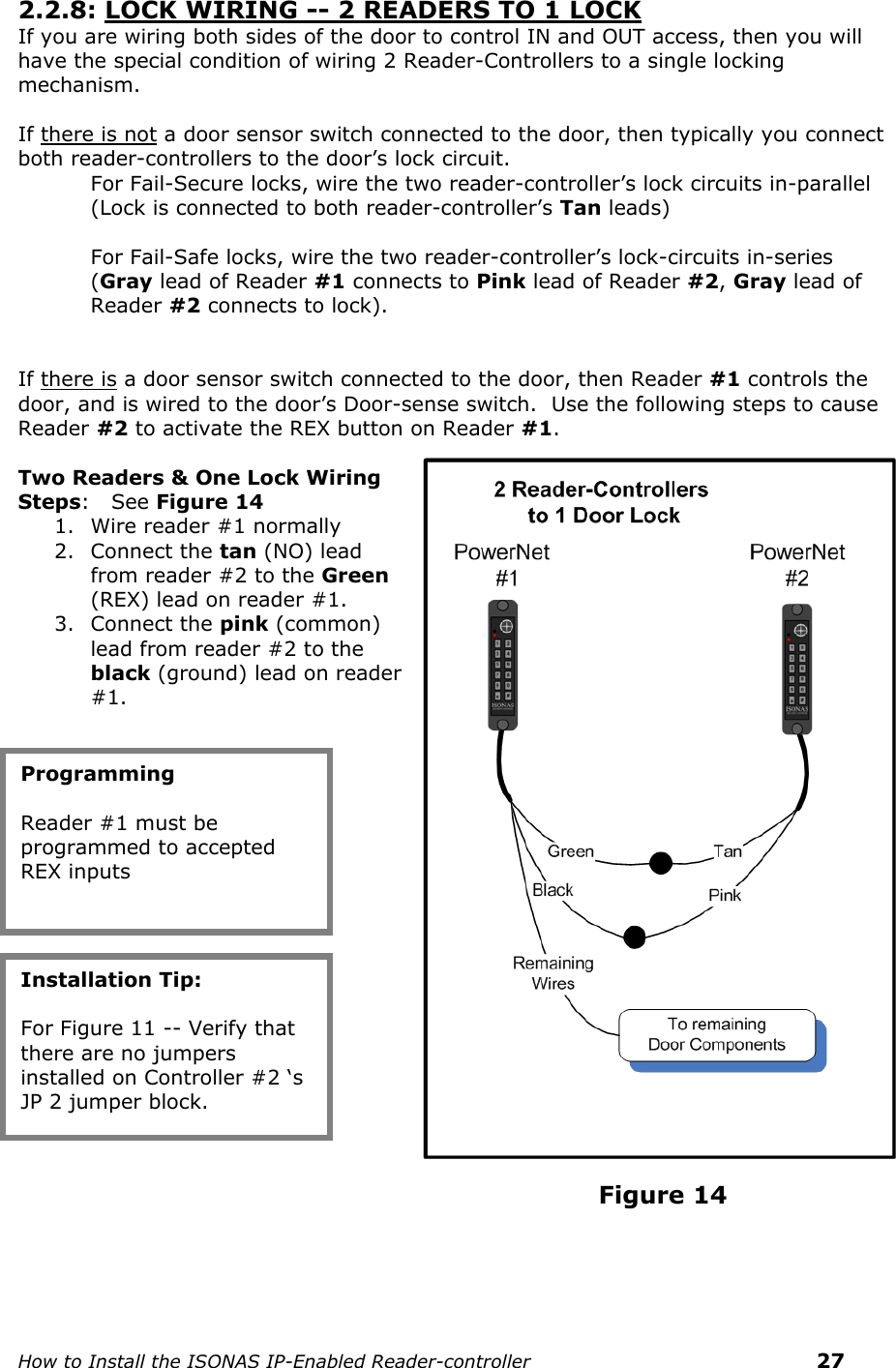    How to Install the ISONAS IP-Enabled Reader-controller    27 2.2.8: LOCK WIRING -- 2 READERS TO 1 LOCK If you are wiring both sides of the door to control IN and OUT access, then you will have the special condition of wiring 2 Reader-Controllers to a single locking mechanism.  If there is not a door sensor switch connected to the door, then typically you connect both reader-controllers to the door’s lock circuit.   For Fail-Secure locks, wire the two reader-controller’s lock circuits in-parallel (Lock is connected to both reader-controller’s Tan leads)    For Fail-Safe locks, wire the two reader-controller’s lock-circuits in-series (Gray lead of Reader #1 connects to Pink lead of Reader #2, Gray lead of Reader #2 connects to lock).     If there is a door sensor switch connected to the door, then Reader #1 controls the door, and is wired to the door’s Door-sense switch.  Use the following steps to cause Reader #2 to activate the REX button on Reader #1.     Two Readers &amp; One Lock Wiring Steps:   See Figure 14 1. Wire reader #1 normally  2. Connect the tan (NO) lead from reader #2 to the Green (REX) lead on reader #1. 3. Connect the pink (common) lead from reader #2 to the black (ground) lead on reader #1.                                                                                                                                                                             Figure 14   Programming  Reader #1 must be programmed to accepted REX inputs Installation Tip:  For Figure 11 -- Verify that there are no jumpers installed on Controller #2 ‘s JP 2 jumper block.  