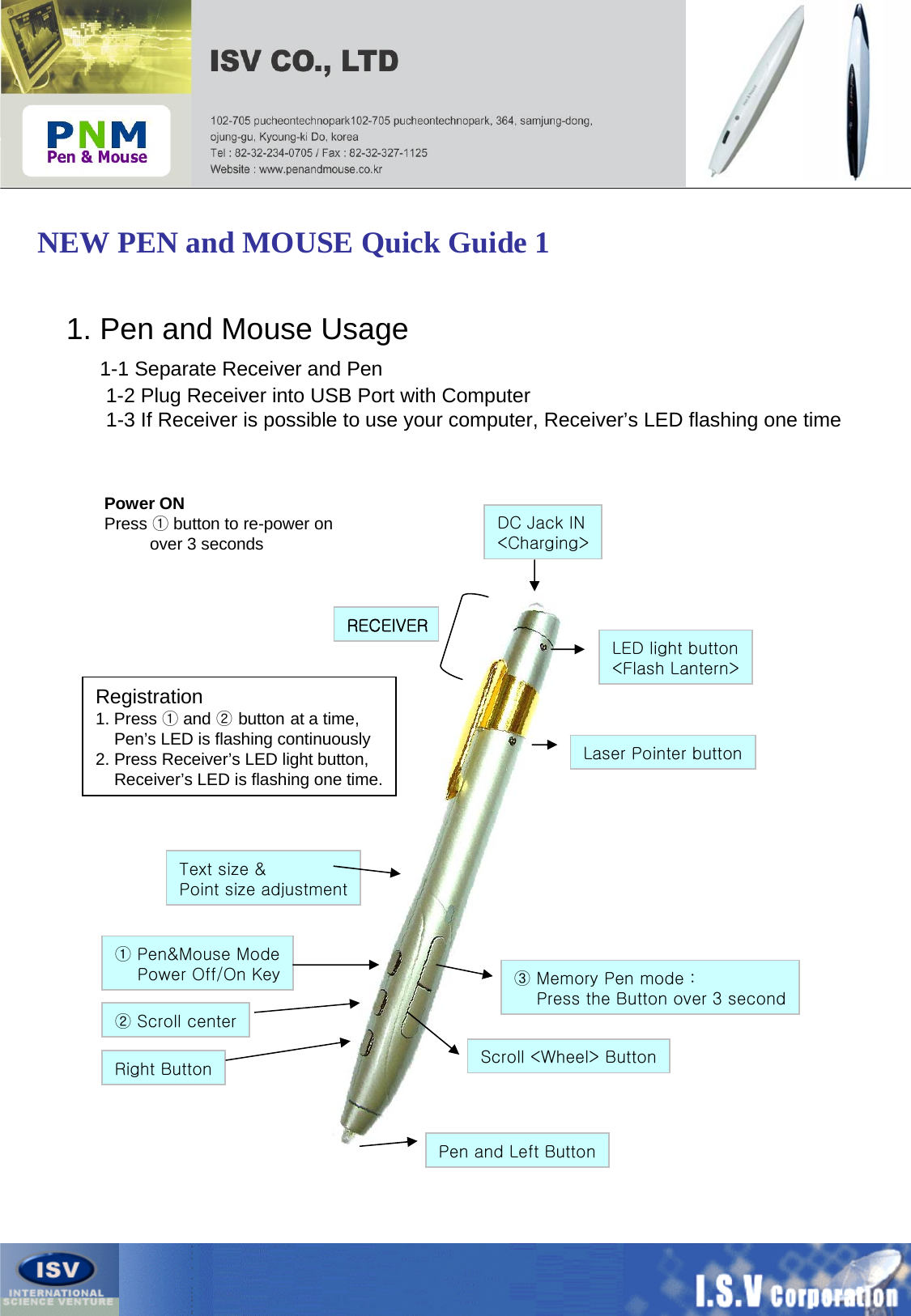 NEW PEN and MOUSE Quick Guide 1Power ONPress ①button to re-power onover 3 seconds① Pen&amp;Mouse ModePower Off/On Key② Scroll centerRight ButtonPen and Left ButtonScroll &lt;Wheel&gt; Button③ Memory Pen mode :Press the Button over 3 secondText size &amp;Point size adjustmentLaser Pointer buttonLED light button&lt;Flash Lantern&gt;DC Jack IN&lt;Charging&gt;RECEIVERRegistration1. Press ①and ②button at a time,Pen’s LED is flashing continuously2. Press Receiver’s LED light button,Receiver’s LED is flashing one time.1. Pen and Mouse Usage1-1 Separate Receiver and Pen 1-2 Plug Receiver into USB Port with Computer1-3 If Receiver is possible to use your computer, Receiver’s LED flashing one time 