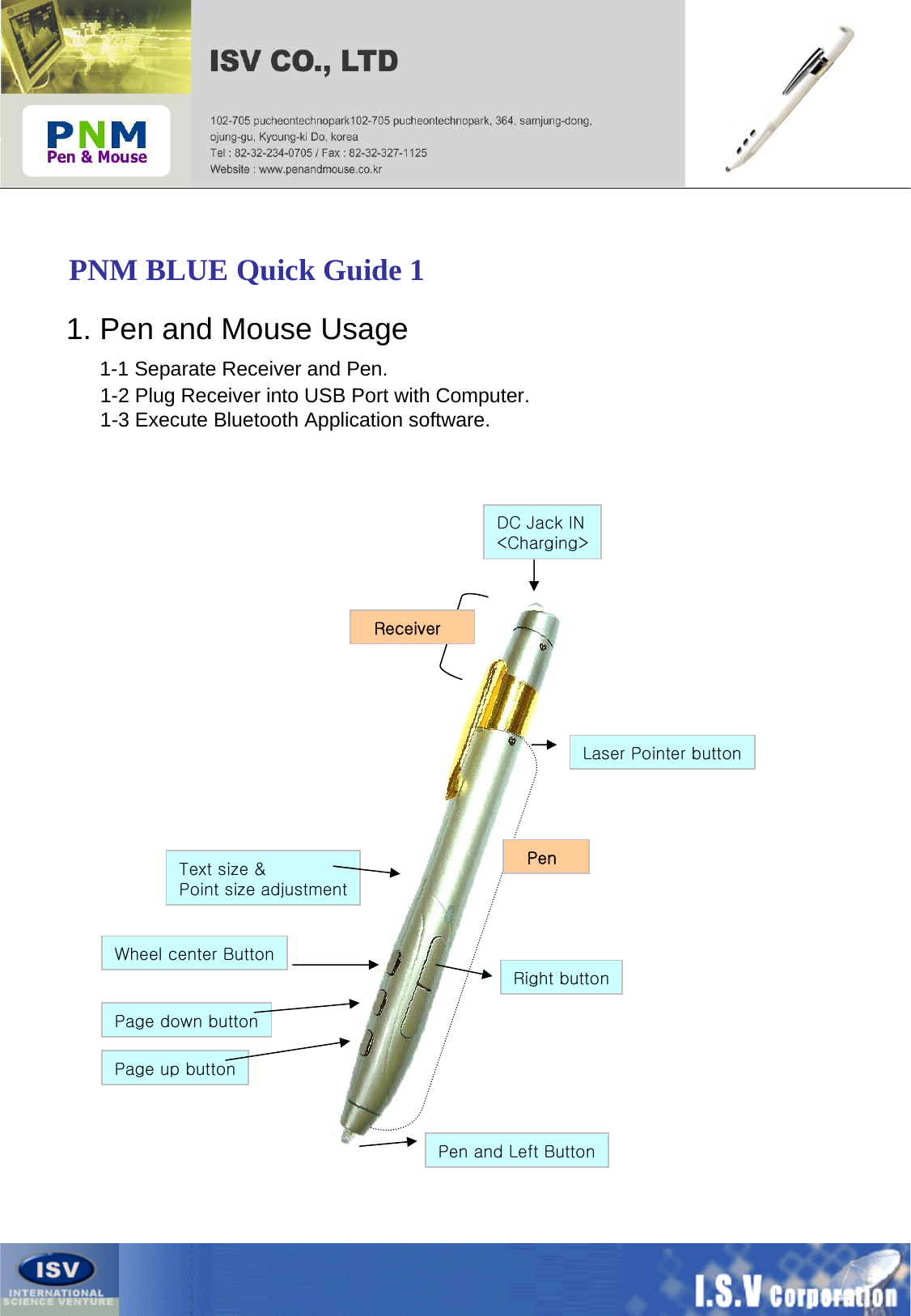 PNM BLUE Quick Guide 1Wheel center ButtonPage down buttonPage up buttonPen and Left ButtonRight buttonText size &amp;Point size adjustmentLaser Pointer buttonDC Jack IN&lt;Charging&gt;1. Pen and Mouse Usage1-1 Separate Receiver and Pen.1-2 Plug Receiver into USB Port with Computer.1-3 Execute Bluetooth Application software.PenReceiver