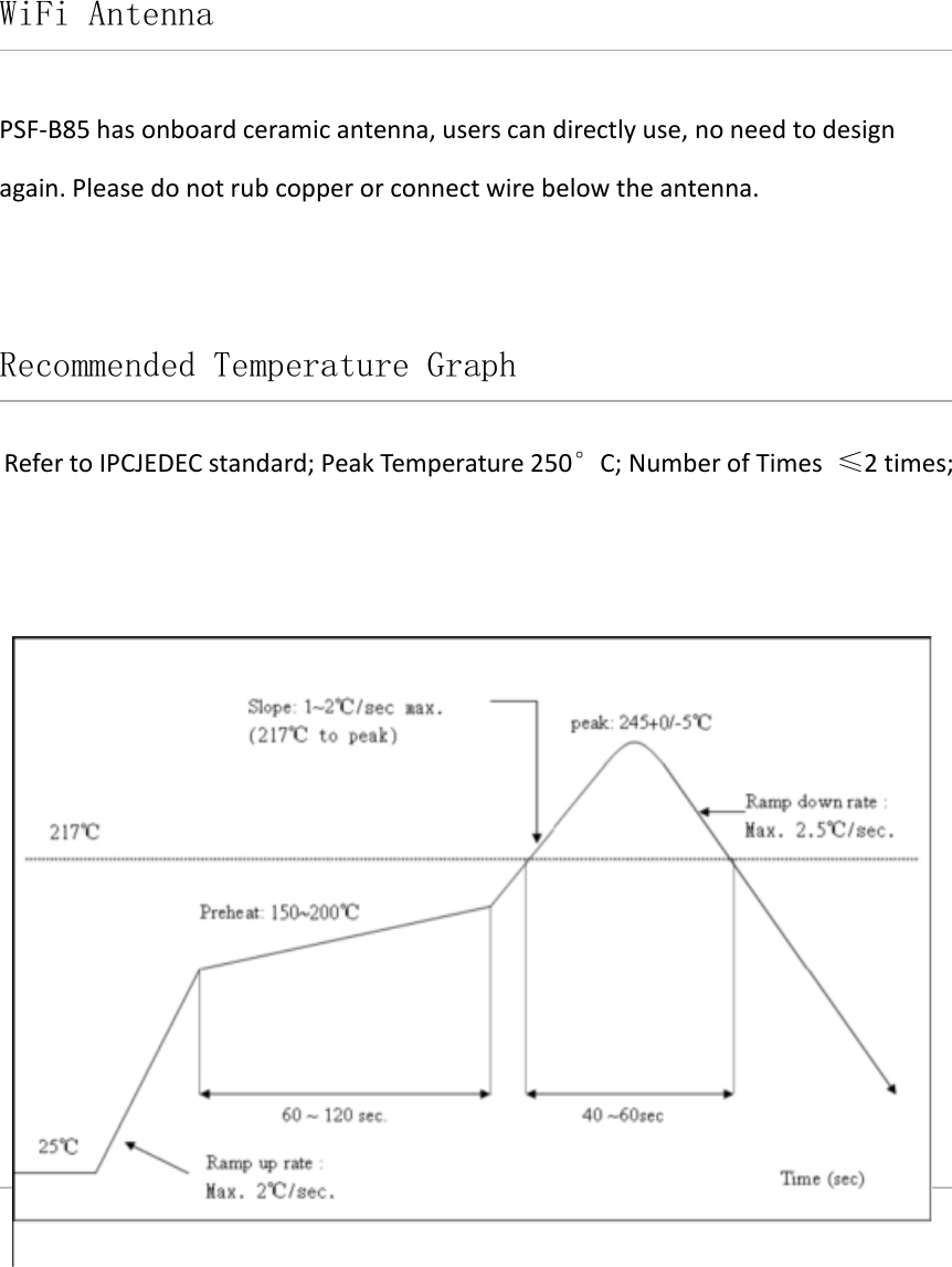 WiFi AntennaPSF-B85 has onboard ceramic antenna, users can directly use, no need to designagain. Please do not rub copper or connect wire below the antenna.Recommended Temperature GraphRefer to IPCJEDEC standard; Peak Temperature 250°C; Number of Times ≤2 times;