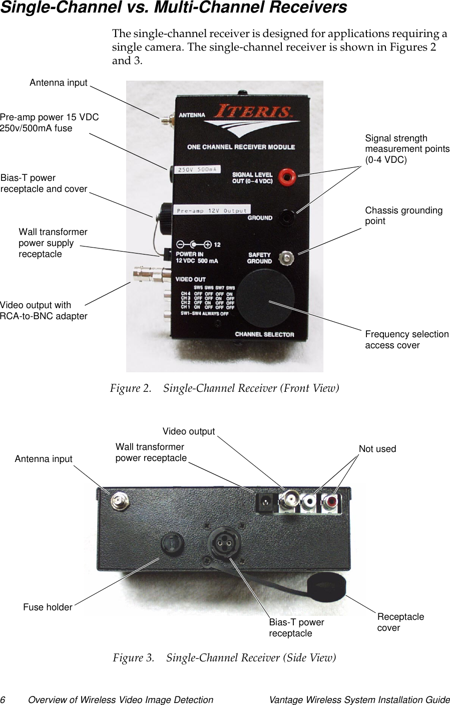 6 Overview of Wireless Video Image Detection Vantage Wireless System Installation GuideSingle-Channel vs. Multi-Channel ReceiversThe single-channel receiver is designed for applications requiring asingle camera. The single-channel receiver is shown in Figures 2and 3.Figure 2. Single-Channel Receiver (Front View)Figure 3. Single-Channel Receiver (Side View)Signal strengthmeasurement points(0-4 VDC)Chassis groundingpointFrequency selectionaccess coverAntenna inputVideo output withRCA-to-BNC adapterWall transformerpower supplyreceptacleBias-T powerreceptacle and coverPre-amp power 15 VDC250v/500mA fuseFuse holderAntenna inputWall transformerpower receptacleVideo outputNot usedReceptaclecoverBias-T powerreceptacle