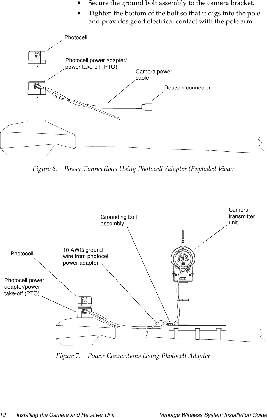 12 Installing the Camera and Receiver Unit Vantage Wireless System Installation Guide•Secure the ground bolt assembly to the camera bracket.•Tighten the bottom of the bolt so that it digs into the poleand provides good electrical contact with the pole arm.Figure 6. Power Connections Using Photocell Adapter (Exploded View)Figure 7. Power Connections Using Photocell AdapterPhotocellPhotocell power adapter/power take-off (PTO) Camera powerDeutsch connectorcableCameraPhotocellGrounding boltassembly10 AWG groundwire from photocellpower adaptertransmitterunitPhotocell poweradapter/powertake-off (PTO)