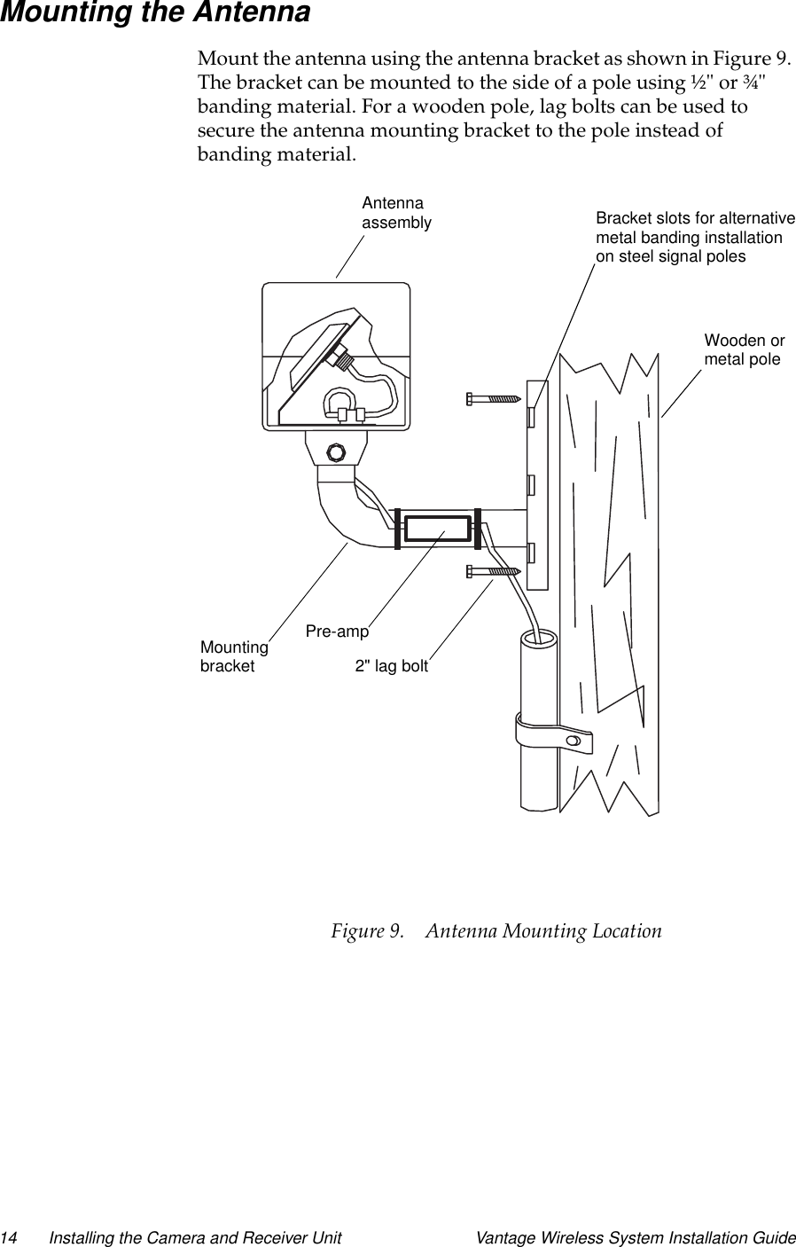 14 Installing the Camera and Receiver Unit Vantage Wireless System Installation GuideMounting the AntennaMount the antenna using the antenna bracket as shown in Figure 9.Thebracketcanbemountedtothesideofapoleusing½&quot;or¾&quot;banding material. For a wooden pole, lag bolts can be used tosecure the antenna mounting bracket to the pole instead ofbanding material.Figure 9. Antenna Mounting LocationMountingbracketAntennaassemblyWooden ormetal poleBracket slots for alternativemetal banding installation2&quot; lag boltPre-ampon steel signal poles